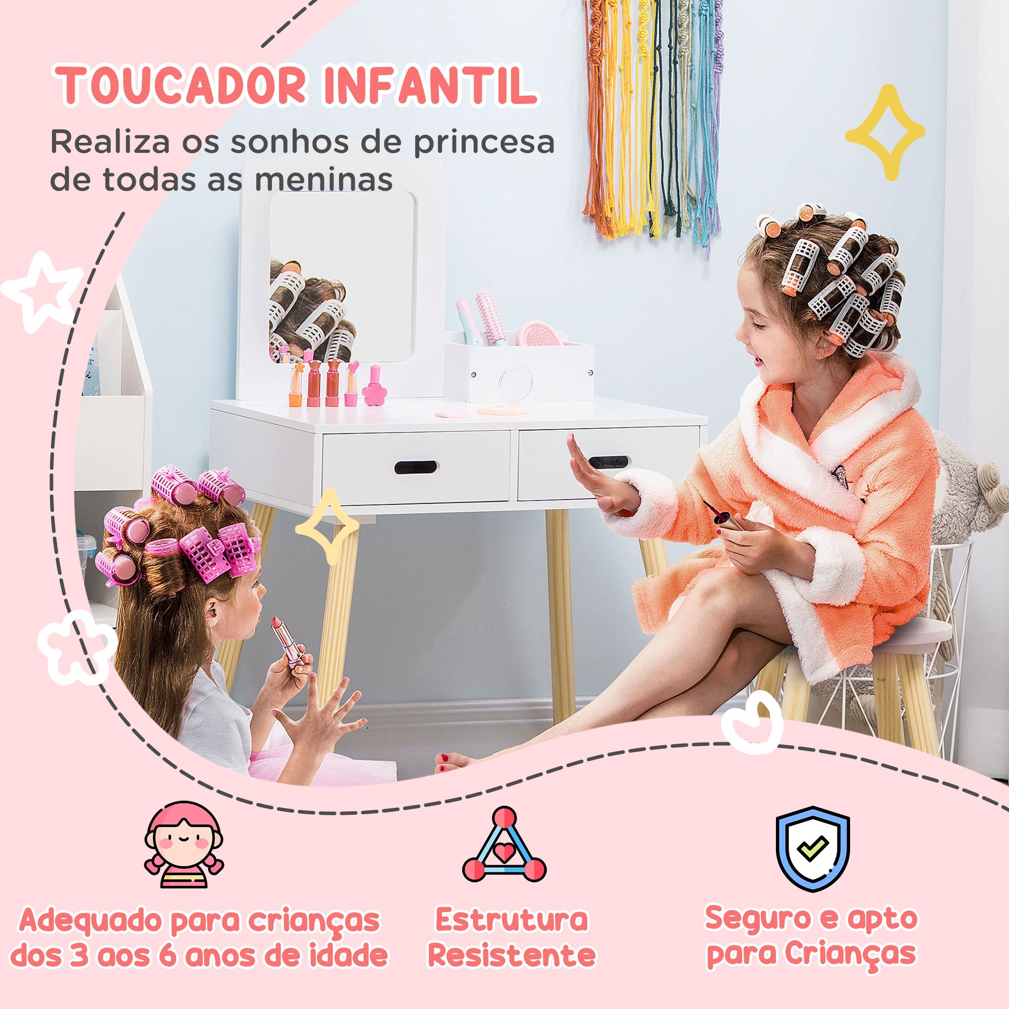 Toucador Infantil com Banco 60x40x95cm - Cor Branco