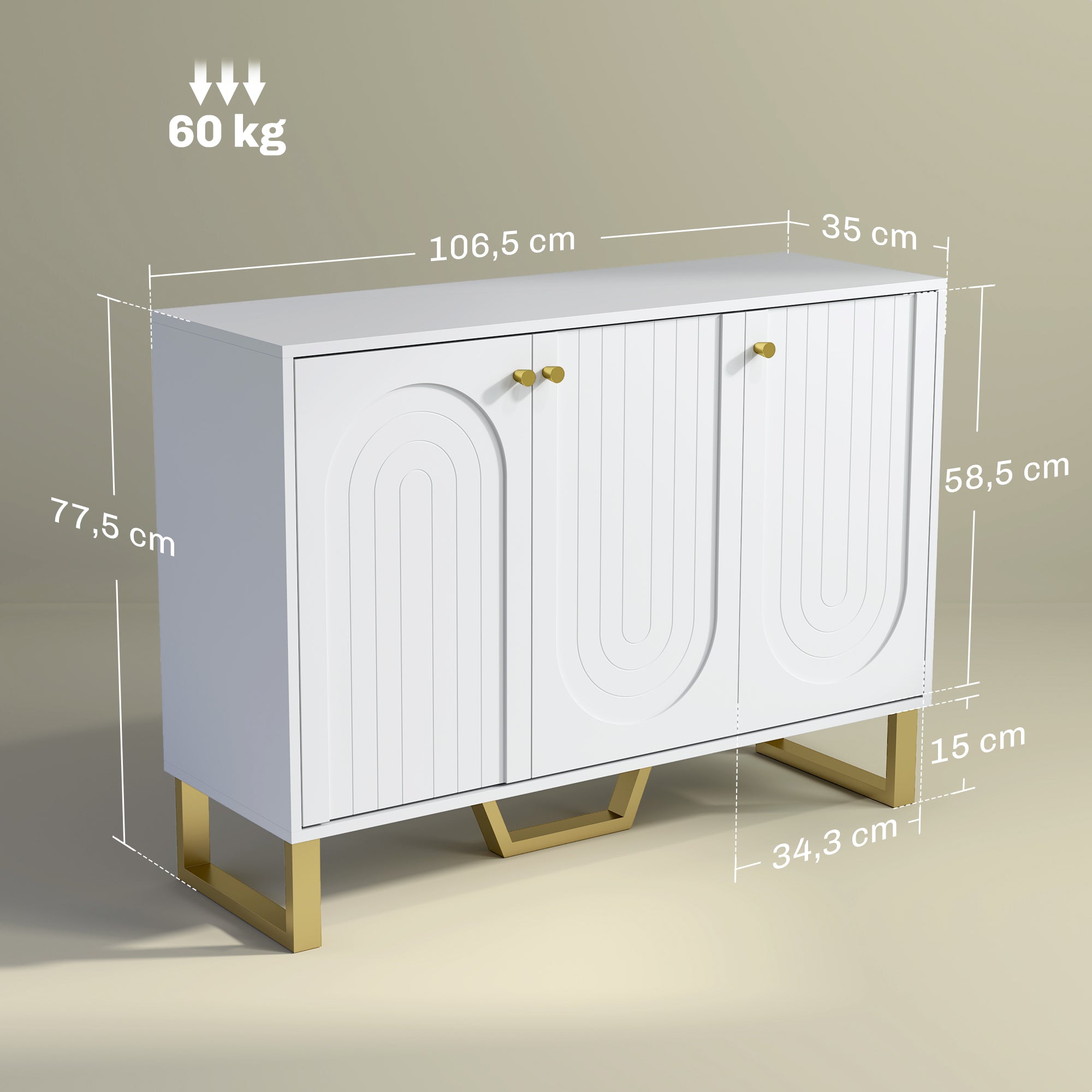 Aparador Moderno Branco 106,5x35x77,5 cm com Prateleiras Ajustáveis e Pés Dourados