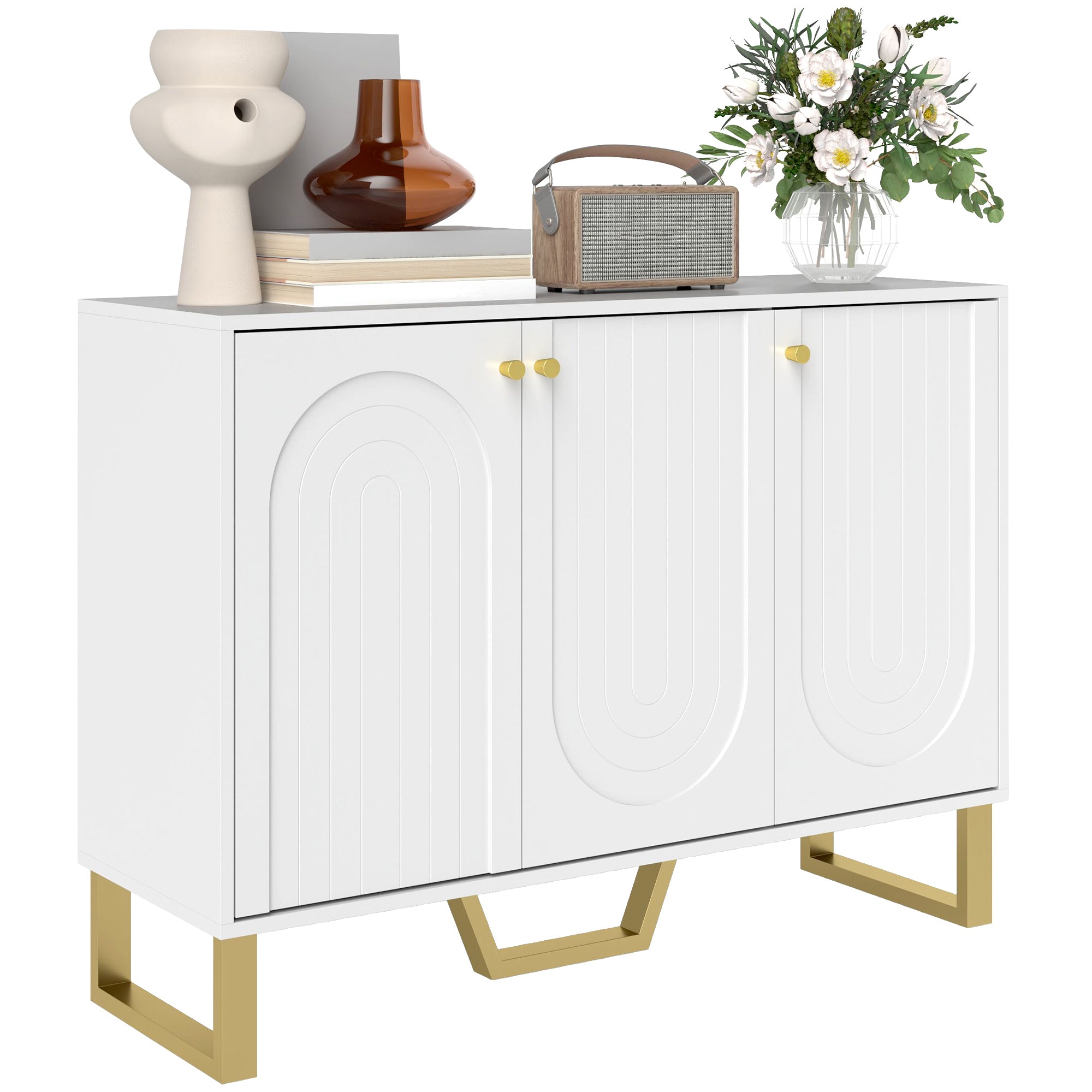 Aparador Moderno Branco 106,5x35x77,5 cm com Prateleiras Ajustáveis e Pés Dourados