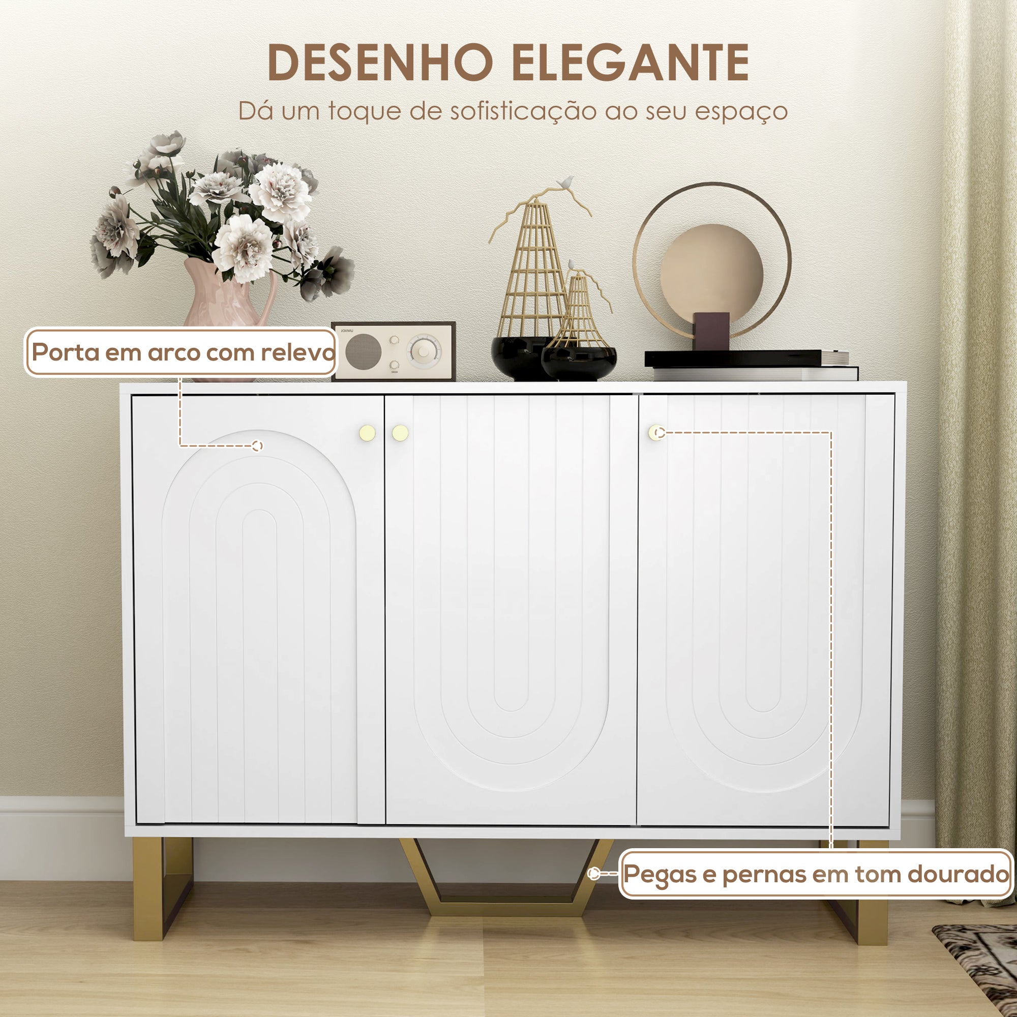 Aparador Moderno Branco 106,5x35x77,5 cm com Prateleiras Ajustáveis e Pés Dourados