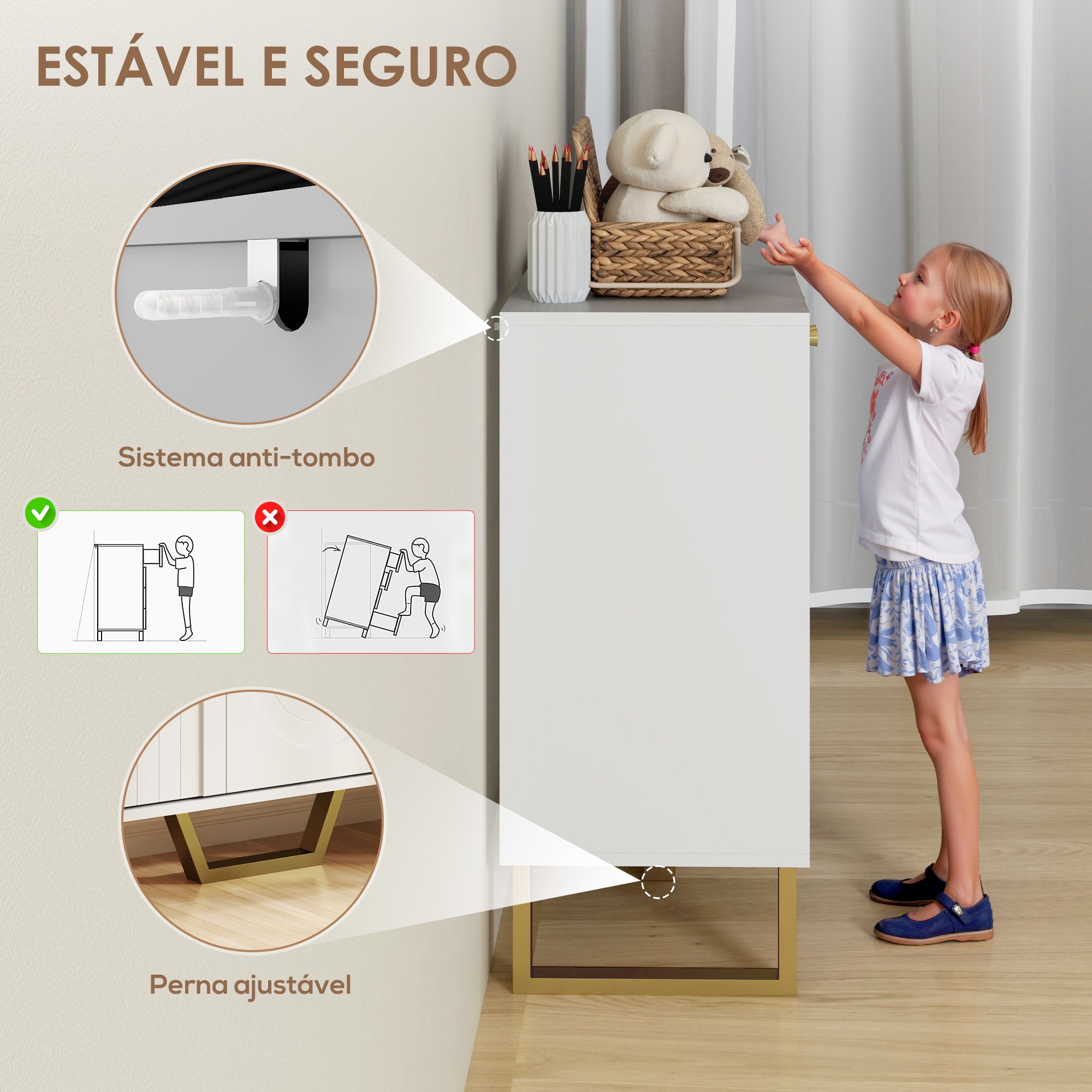 Aparador Moderno Branco 106,5x35x77,5 cm com Prateleiras Ajustáveis e Pés Dourados