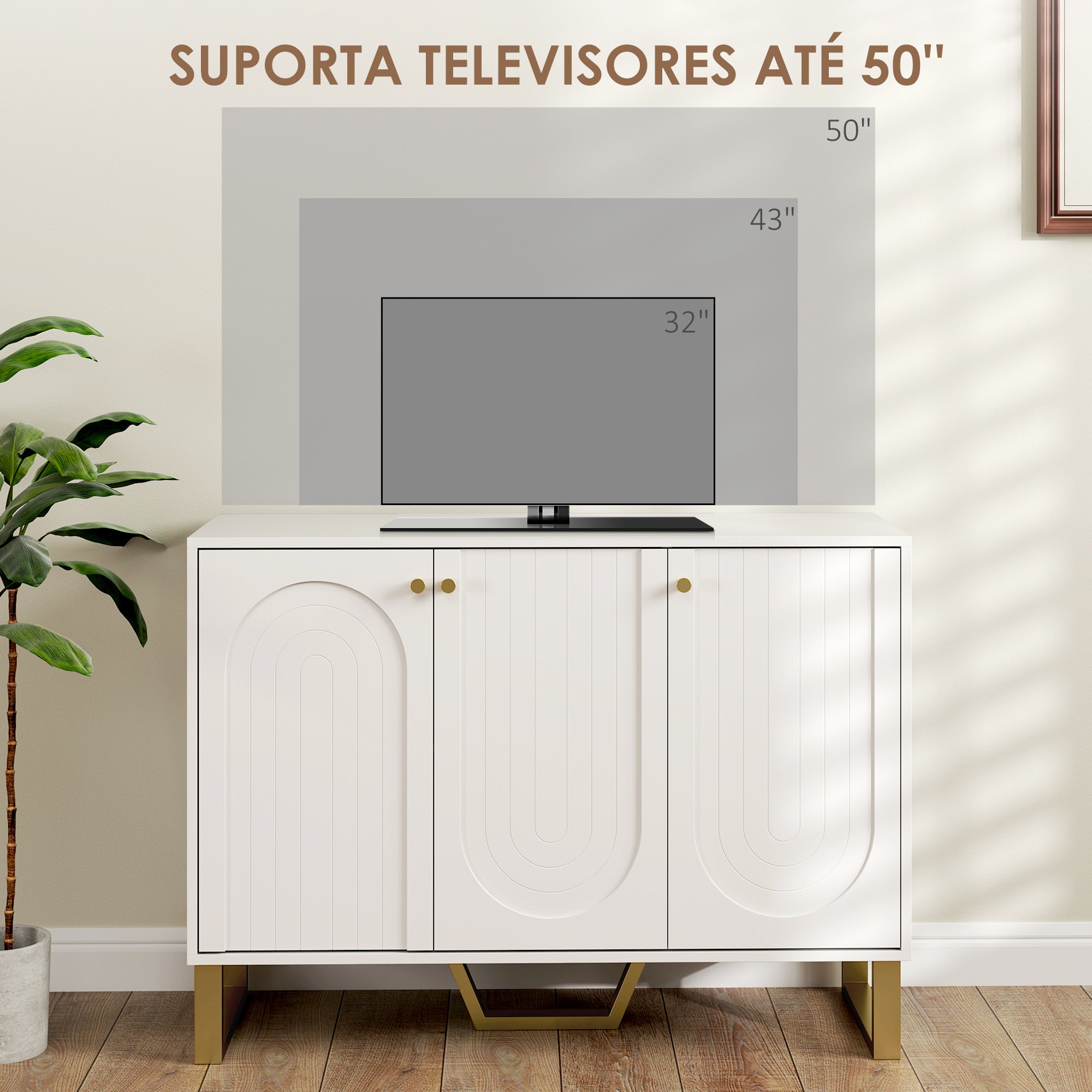 Aparador Moderno Branco 106,5x35x77,5 cm com Prateleiras Ajustáveis e Pés Dourados