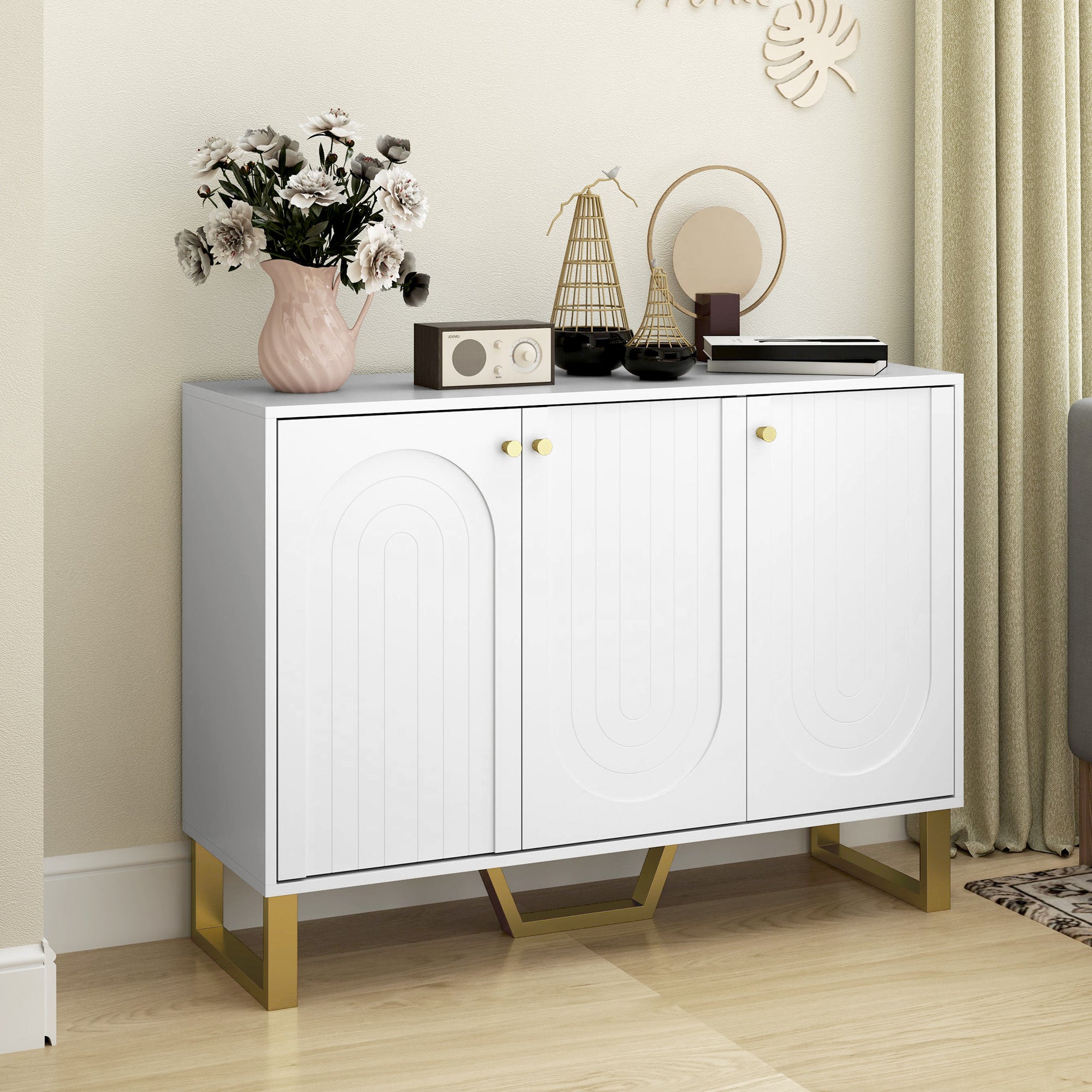 Aparador Moderno Branco 106,5x35x77,5 cm com Prateleiras Ajustáveis e Pés Dourados