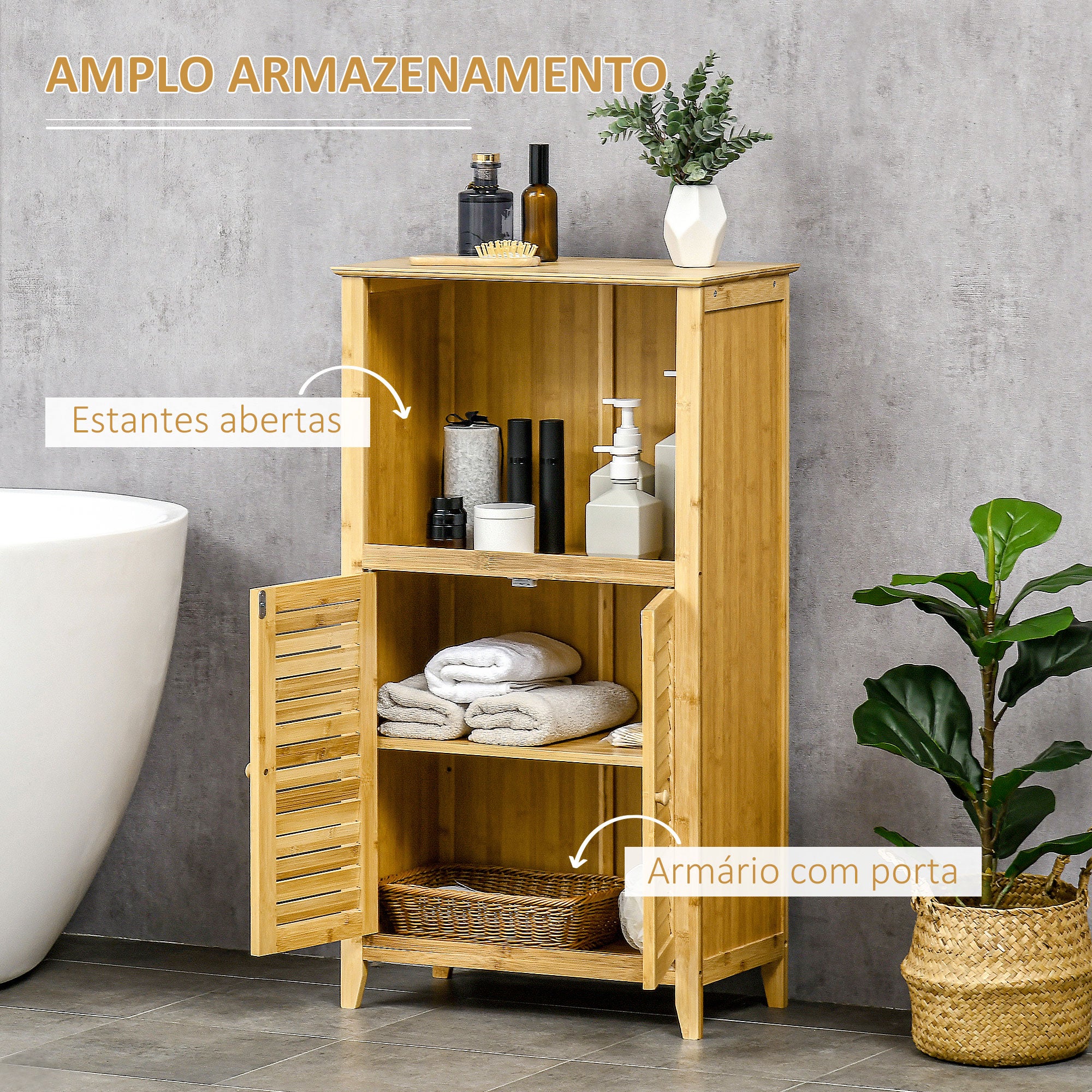 Armário Auxiliar Casa de Banho de Bambu 50x25,5x92 cm Cor de Madeira Natural