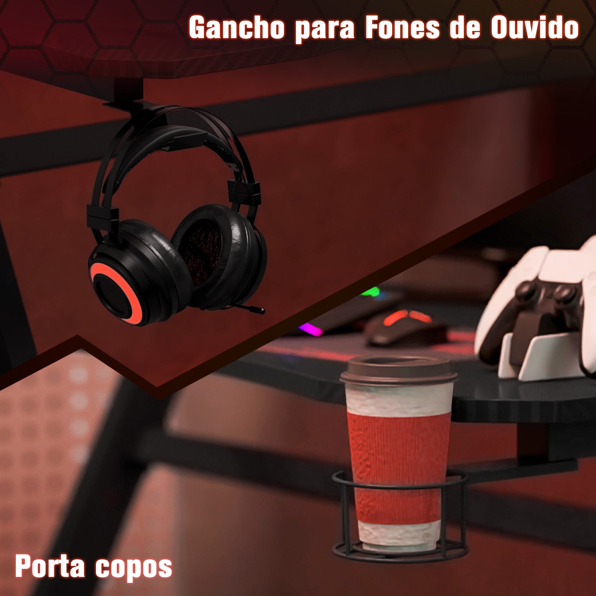 Secretária Gaming 120x65x74,5cm Preto - Design Ergonômico e Funcional
