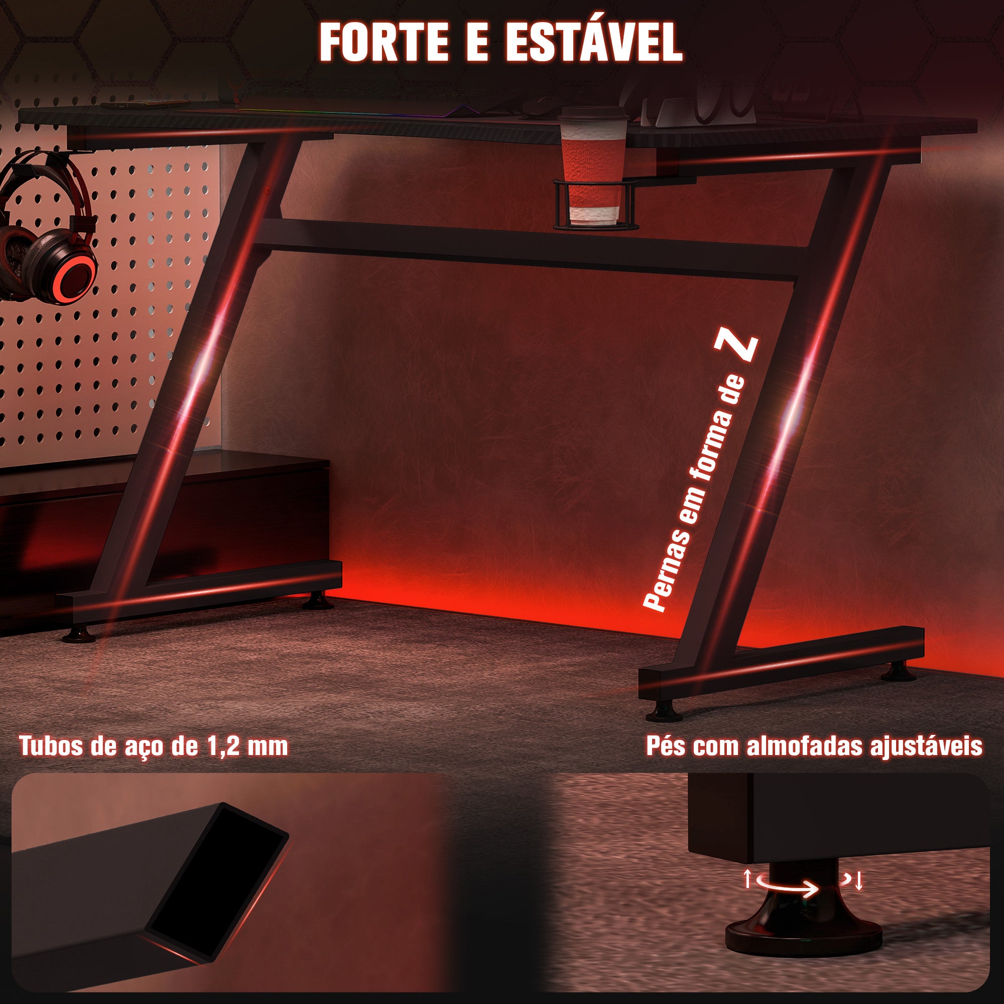 Secretária Gaming 120x65x74,5cm Preto - Design Ergonômico e Funcional