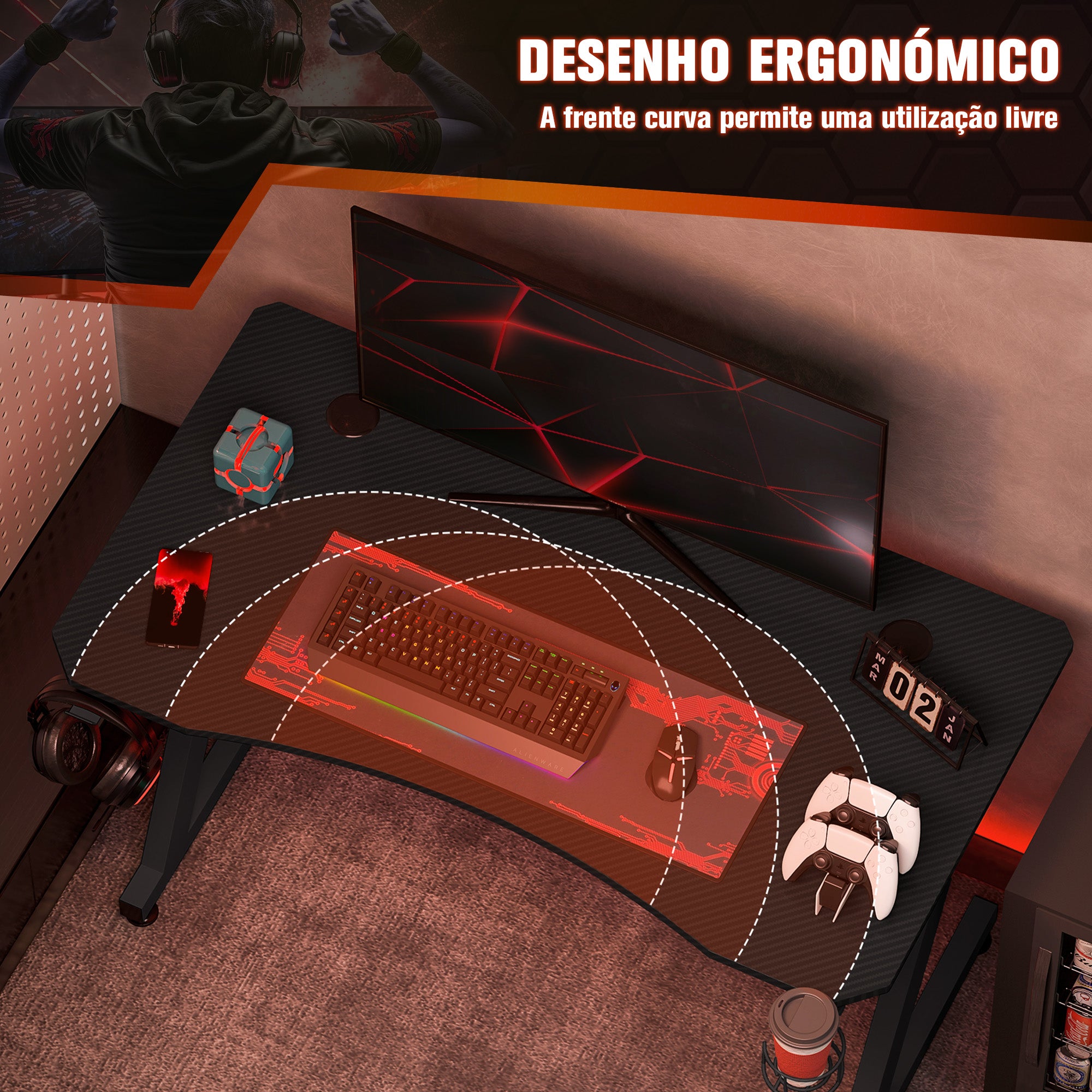 Secretária Gaming 120x65x74,5cm Preto - Design Ergonômico e Funcional