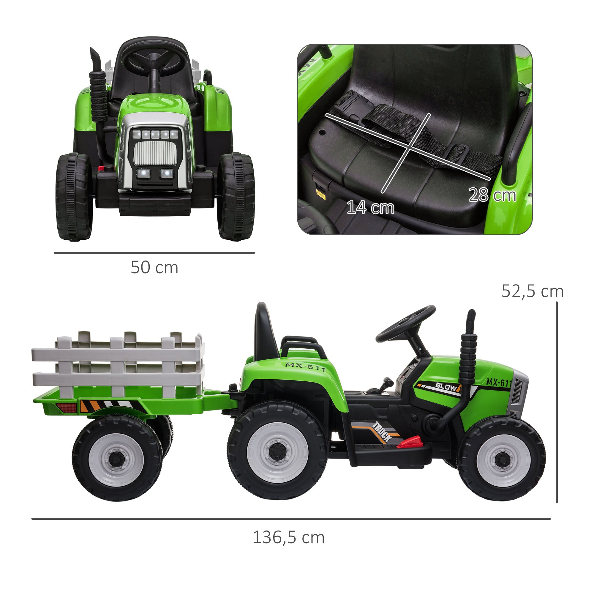 Trator Elétrico com Reboque Amovível Verde 136,5x50x52,5 cm