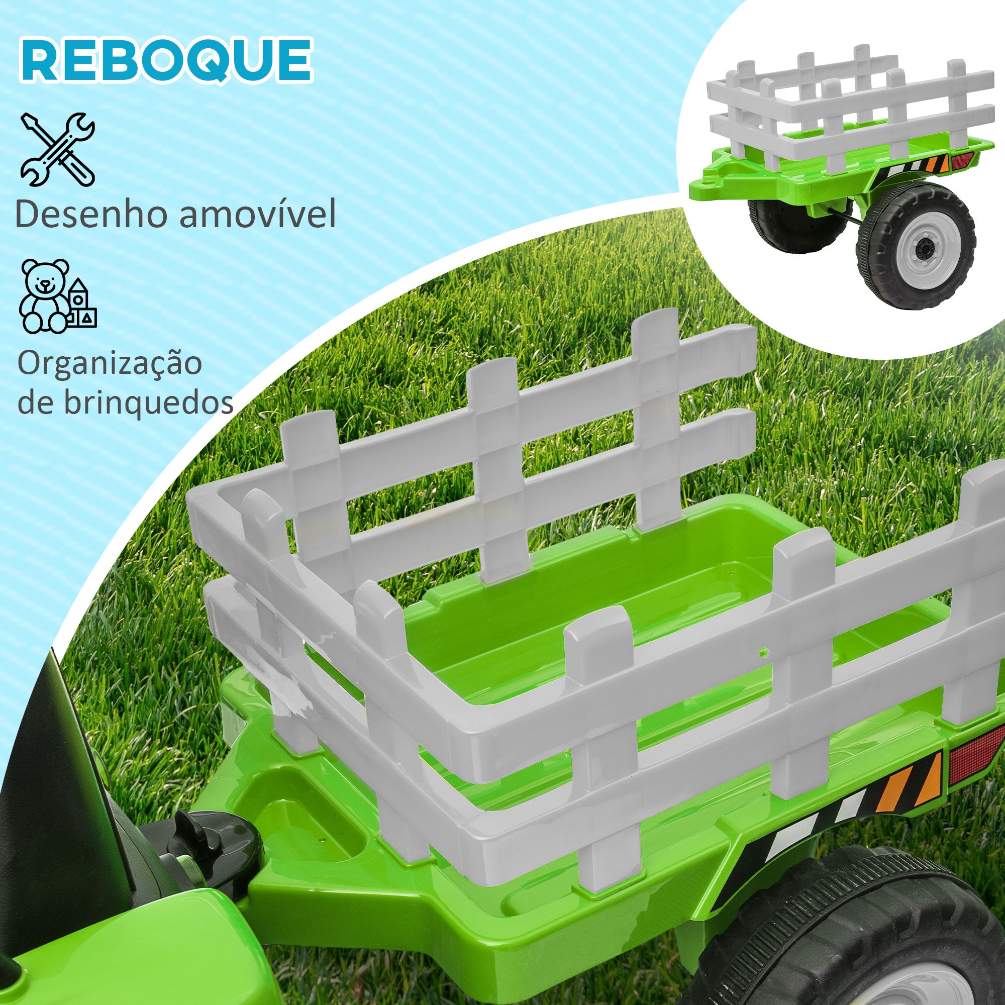 Trator Elétrico com Reboque Amovível Verde 136,5x50x52,5 cm