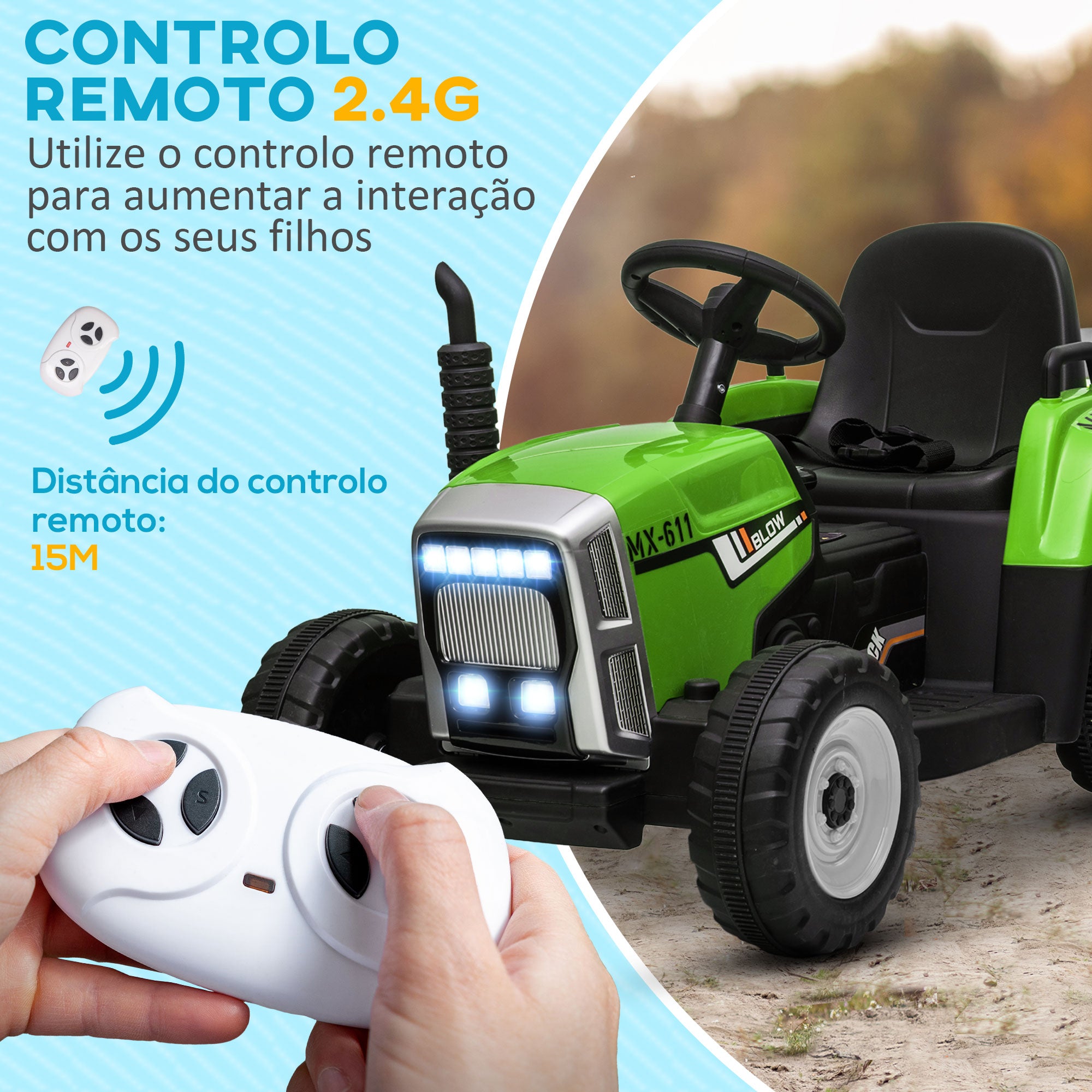 Trator Elétrico com Reboque Amovível Verde 136,5x50x52,5 cm