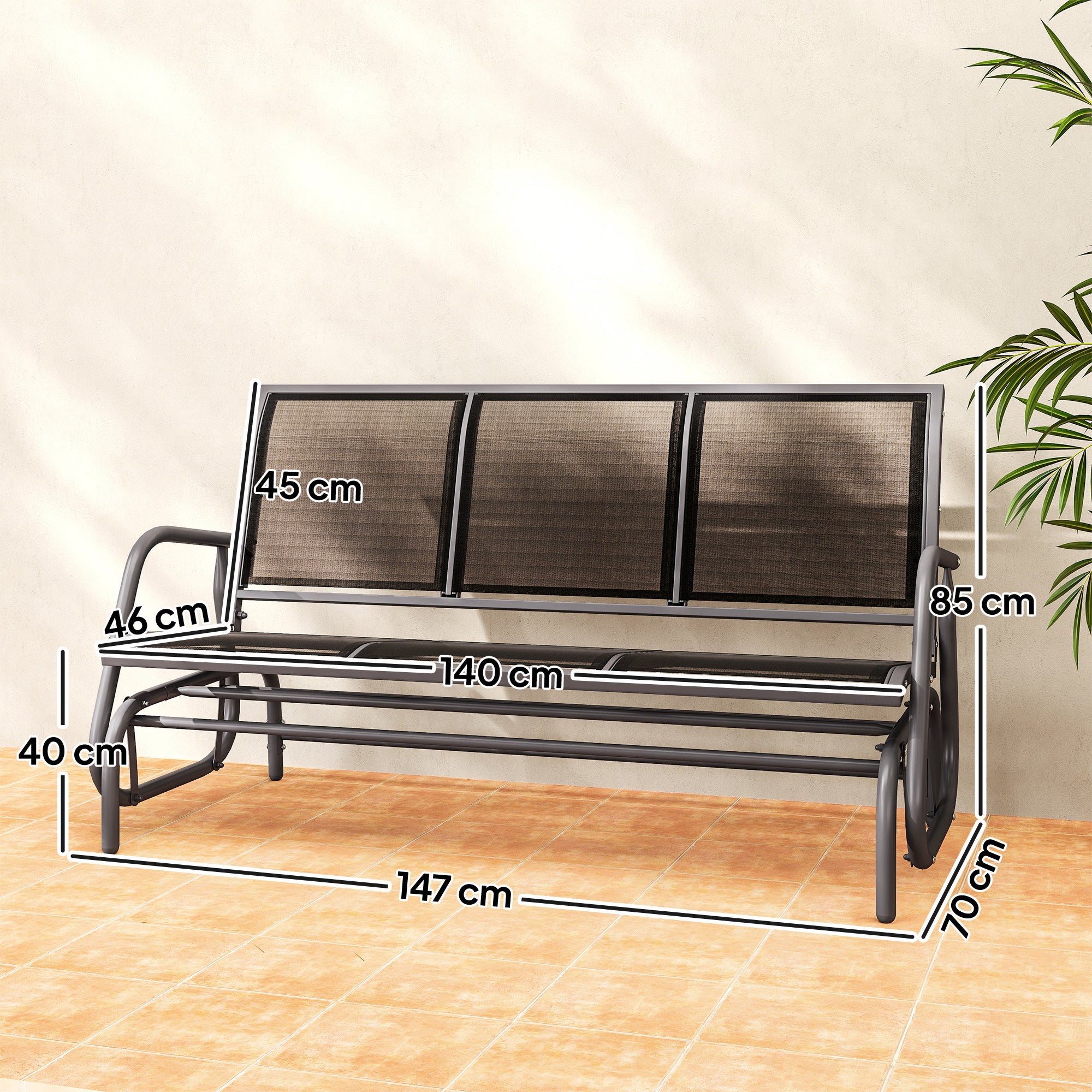 Banco de Balanço para Jardim 3 Lugares - Preto 151x75x85 cm