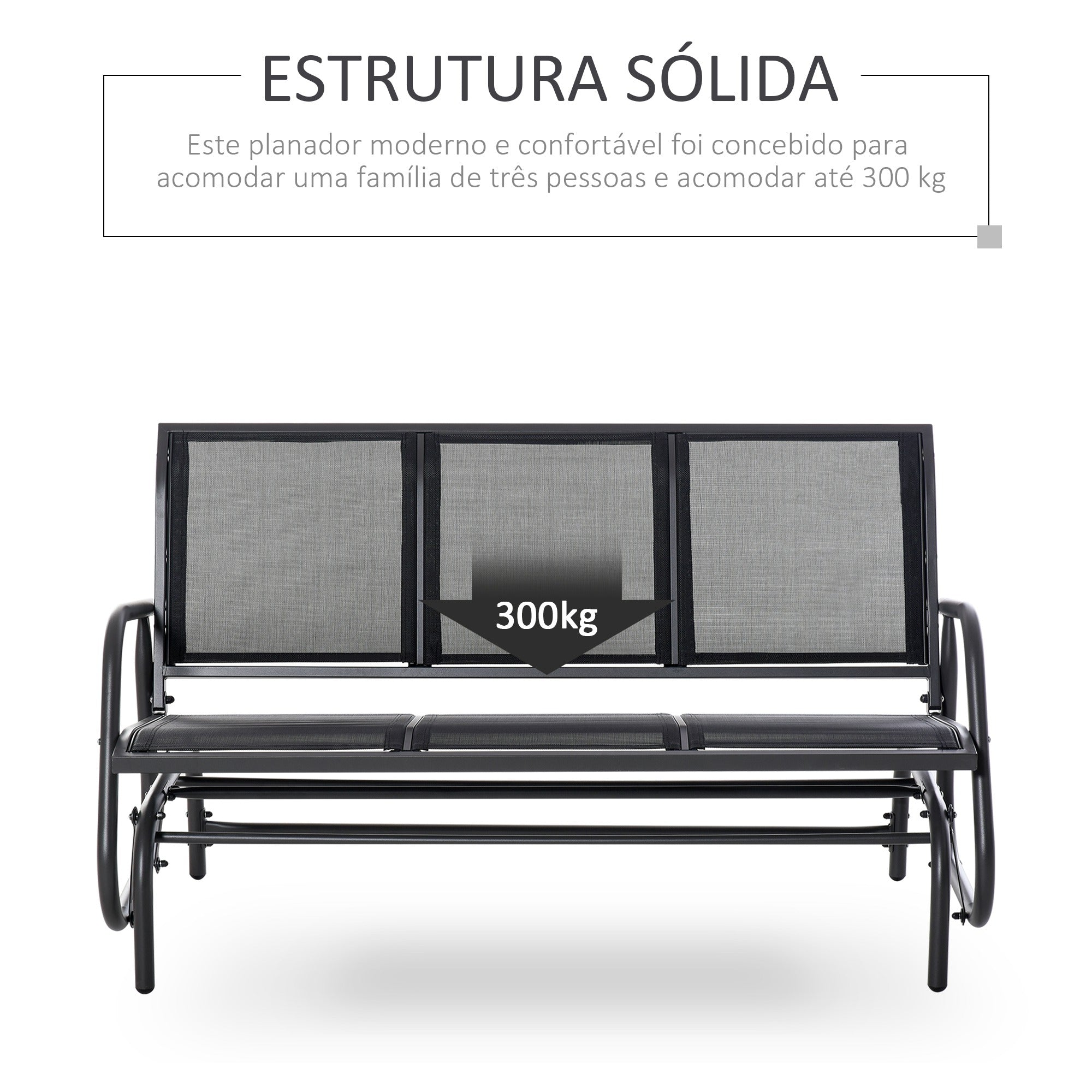 Banco de Balanço para Jardim 3 Lugares - Preto 151x75x85 cm
