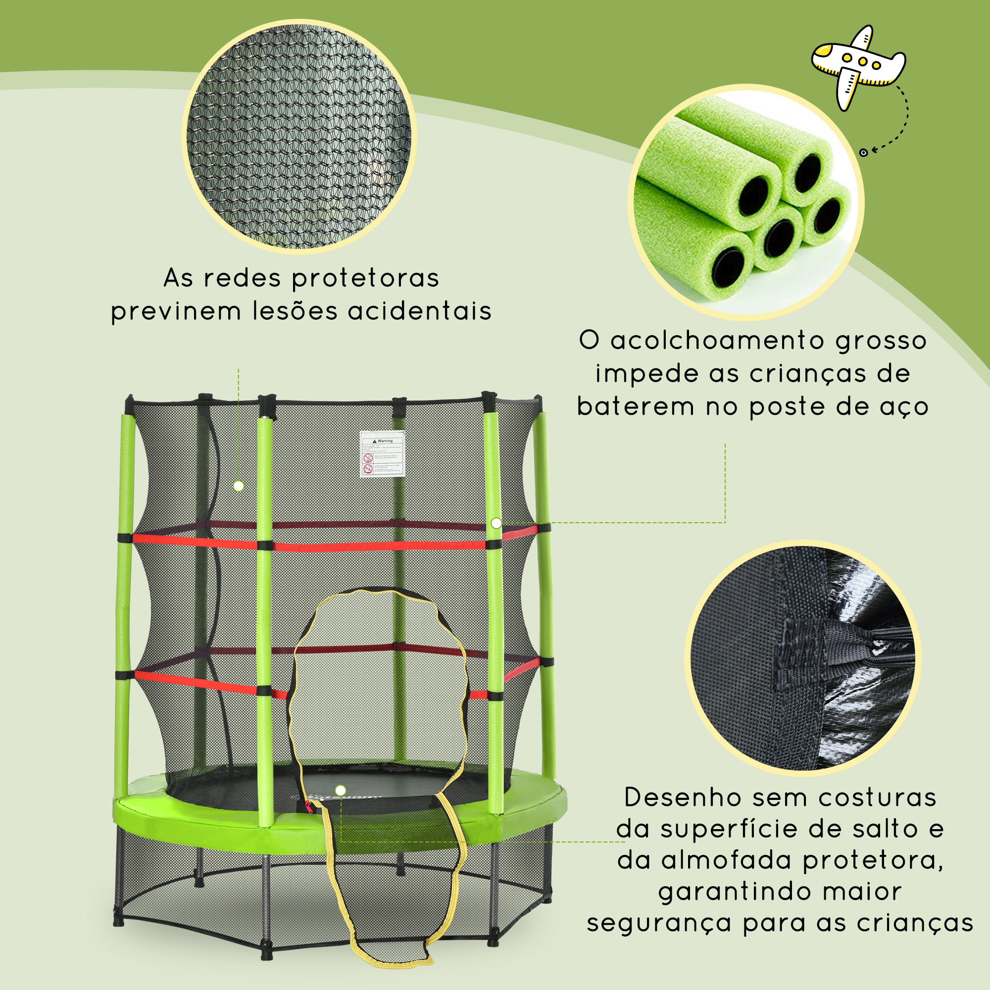 Trampolim Infantil Ø140x160 cm Verde para Crianças de 3-6 Anos