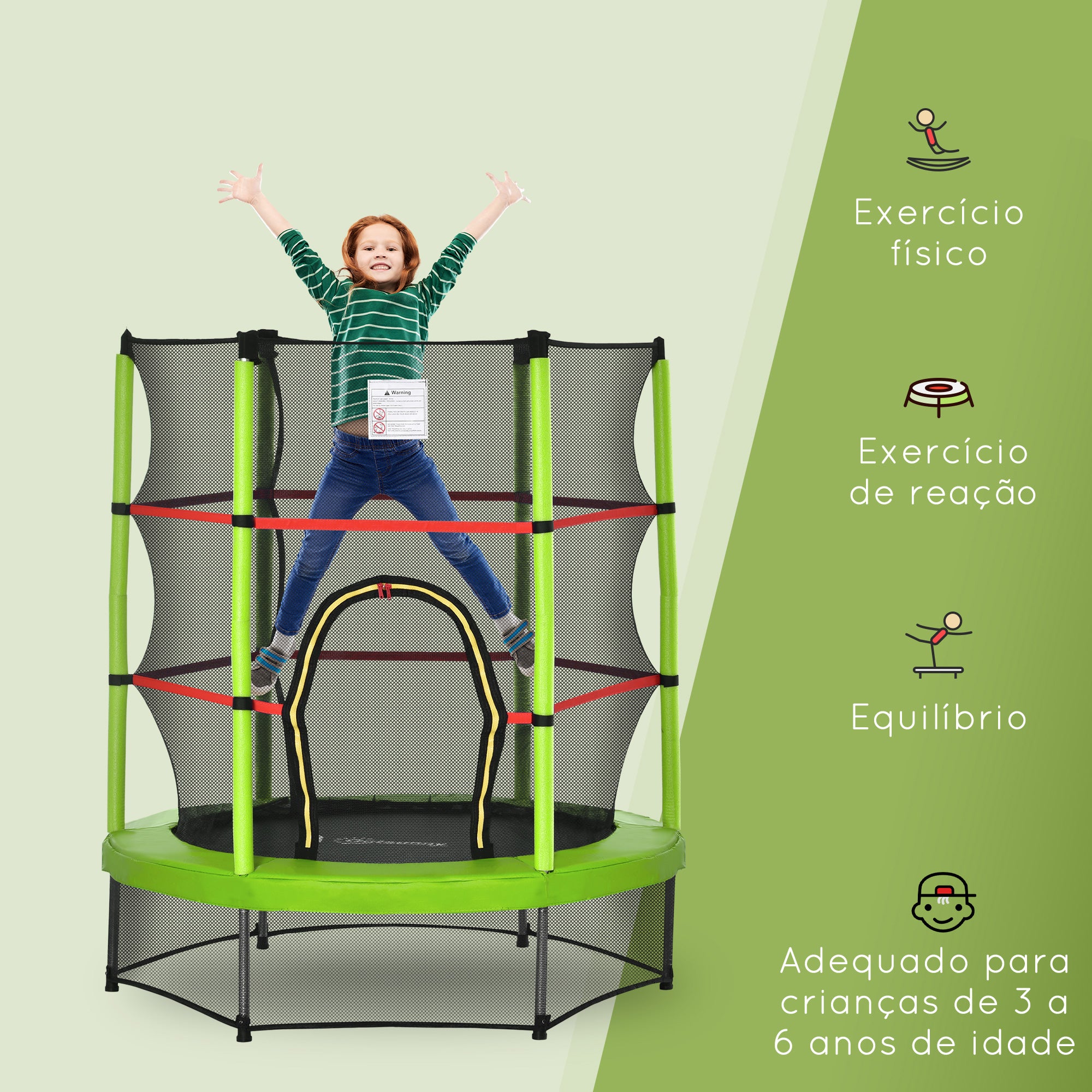 Trampolim Infantil Ø140x160 cm Verde para Crianças de 3-6 Anos