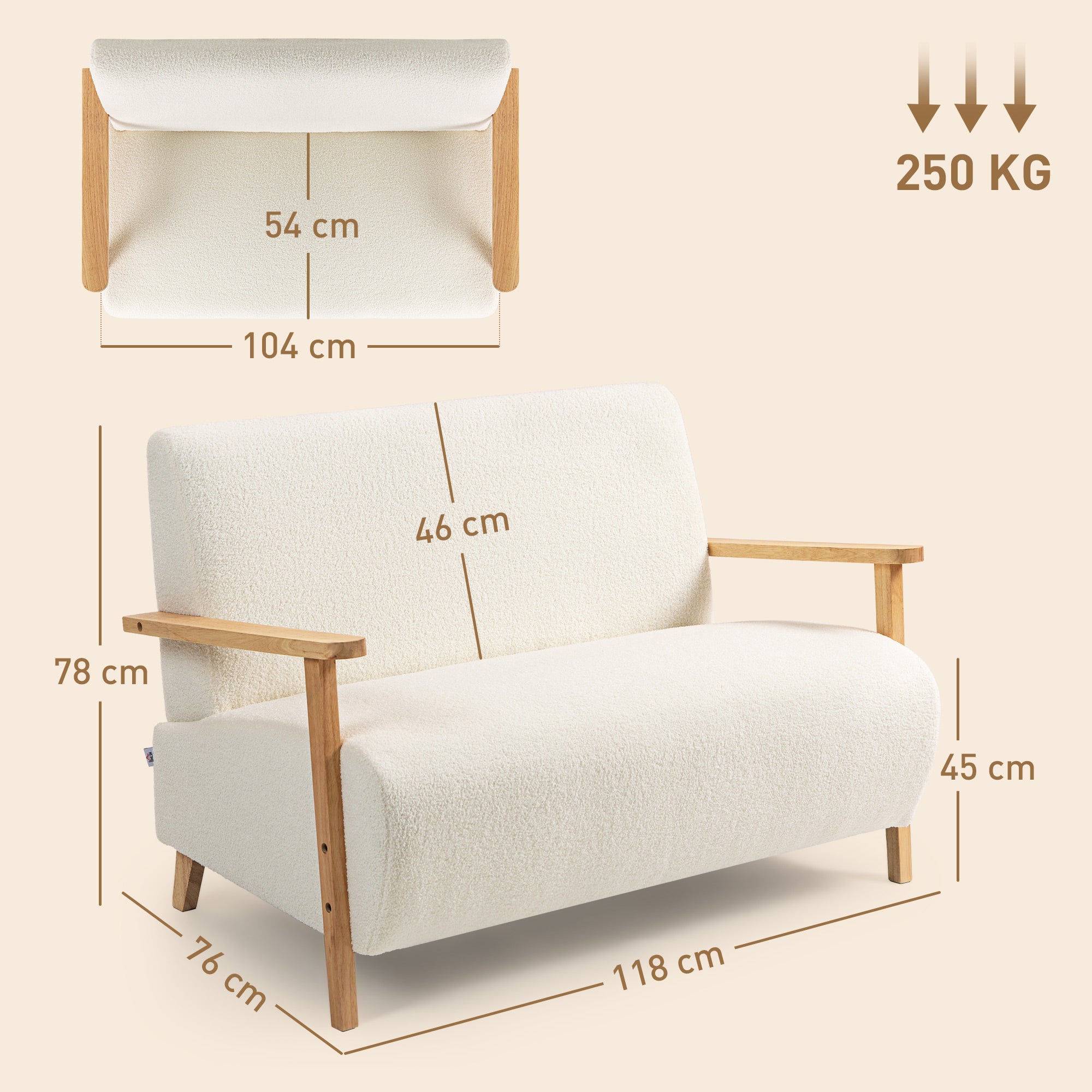 Sofá de 2 Lugares em Borreguito Creme 118x76x78 cm