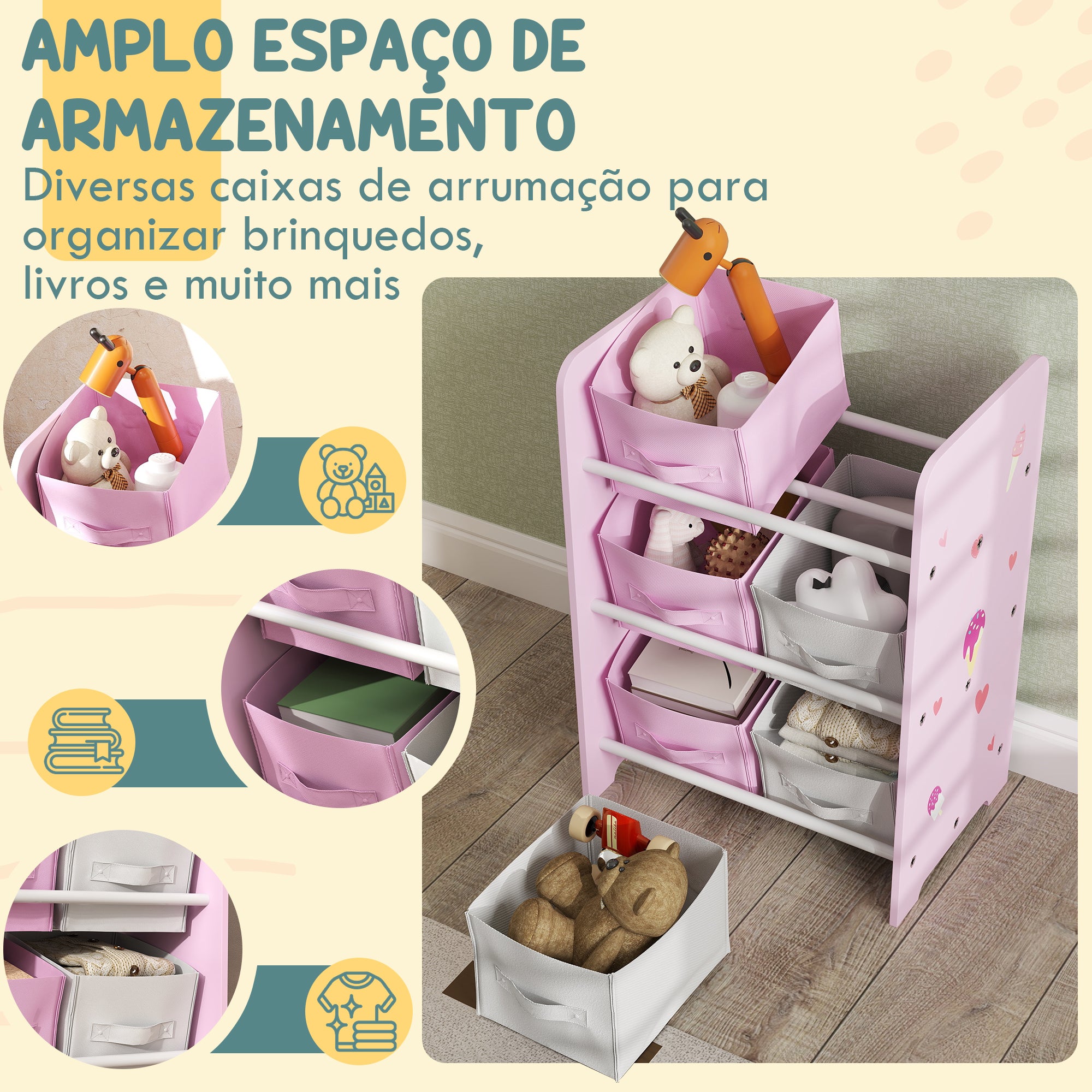 Estante para Brinquedos Organizador com 6 Caixas Rosa 43x30x60 cm