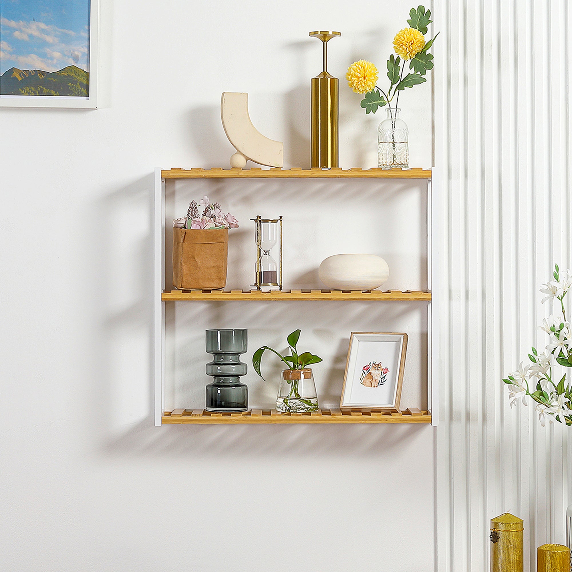 Estante de Parede de Bambu 3 Níveis - Cor de Madeira Natural - 60x15x54 cm