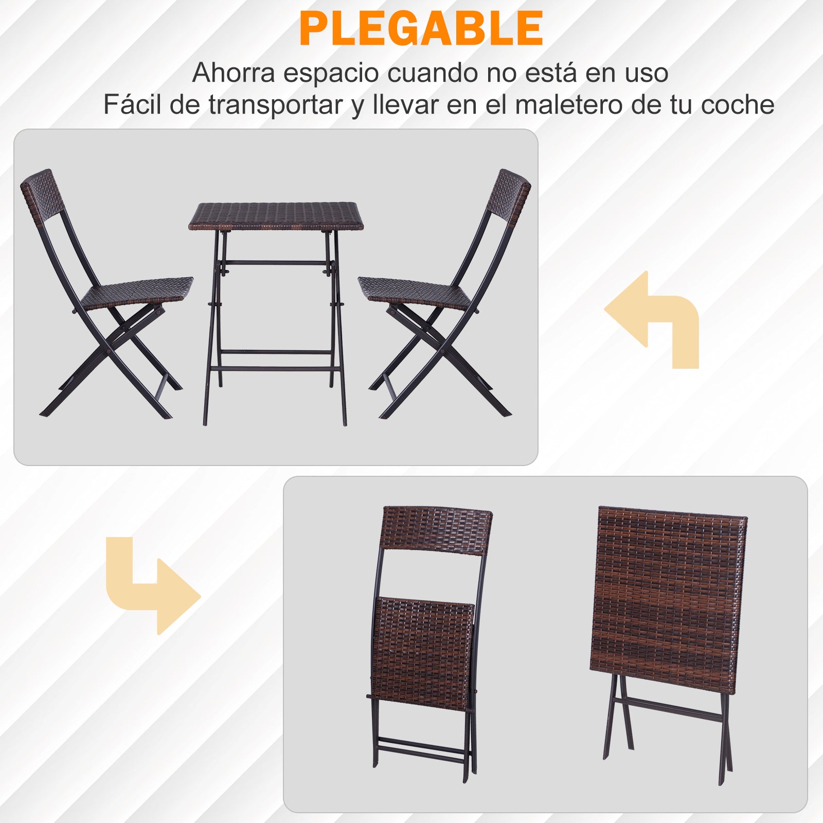 Conjunto de 2 Cadeiras e Mesa para Pátio Varanda Jardim Dobrável Rattan 60x60x72 cm Marrom