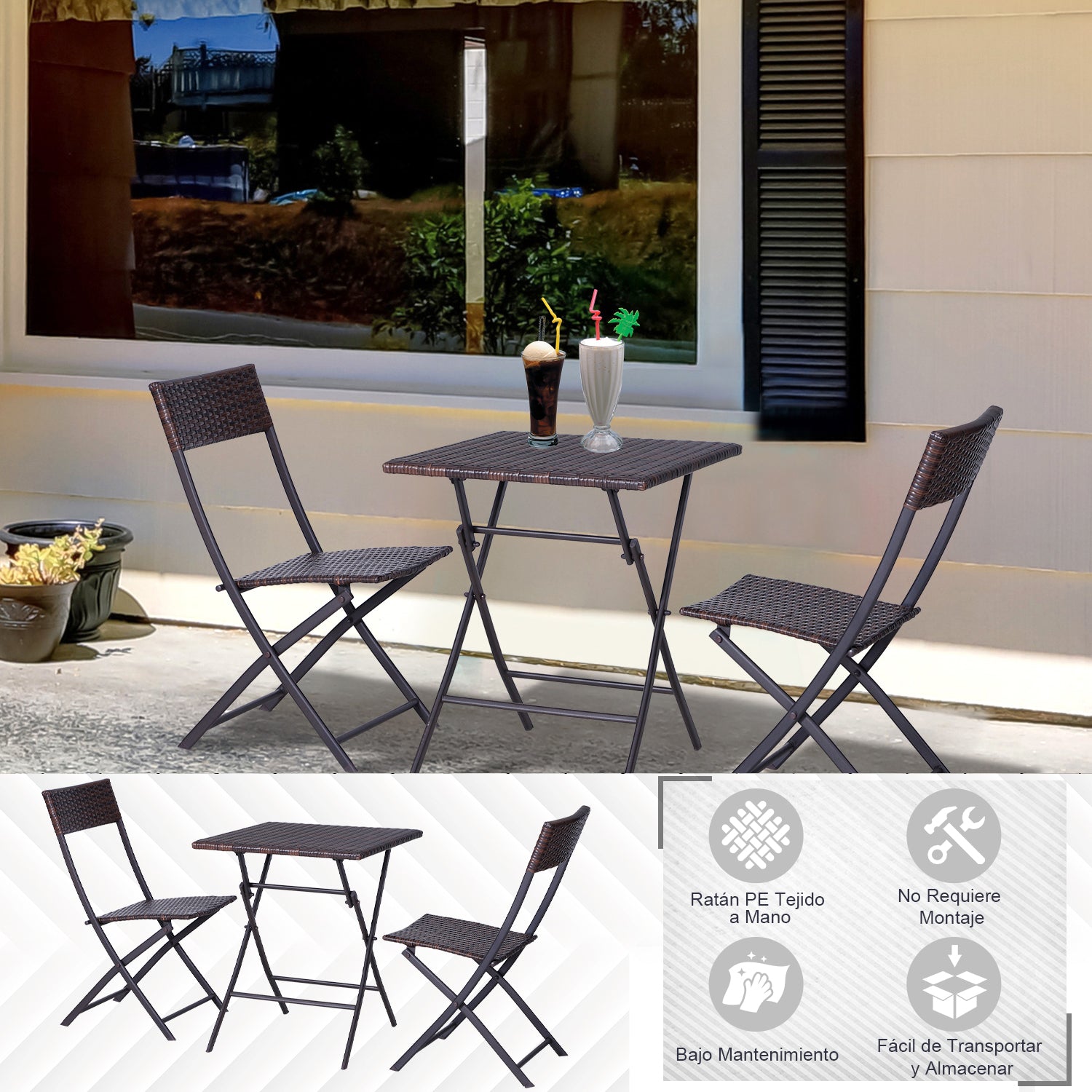 Conjunto de 2 Cadeiras e Mesa para Pátio Varanda Jardim Dobrável Rattan 60x60x72 cm Marrom