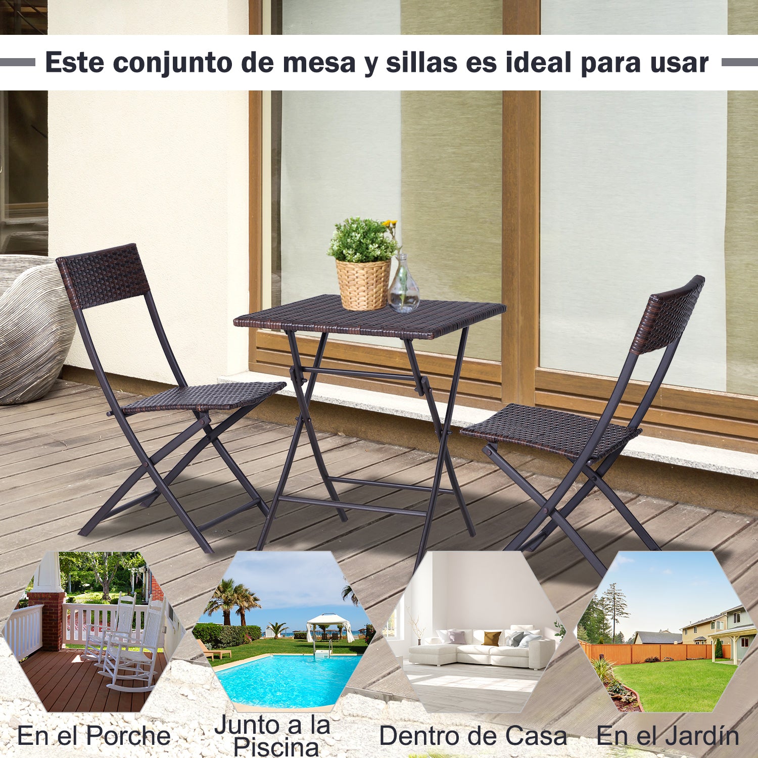 Conjunto de 2 Cadeiras e Mesa para Pátio Varanda Jardim Dobrável Rattan 60x60x72 cm Marrom