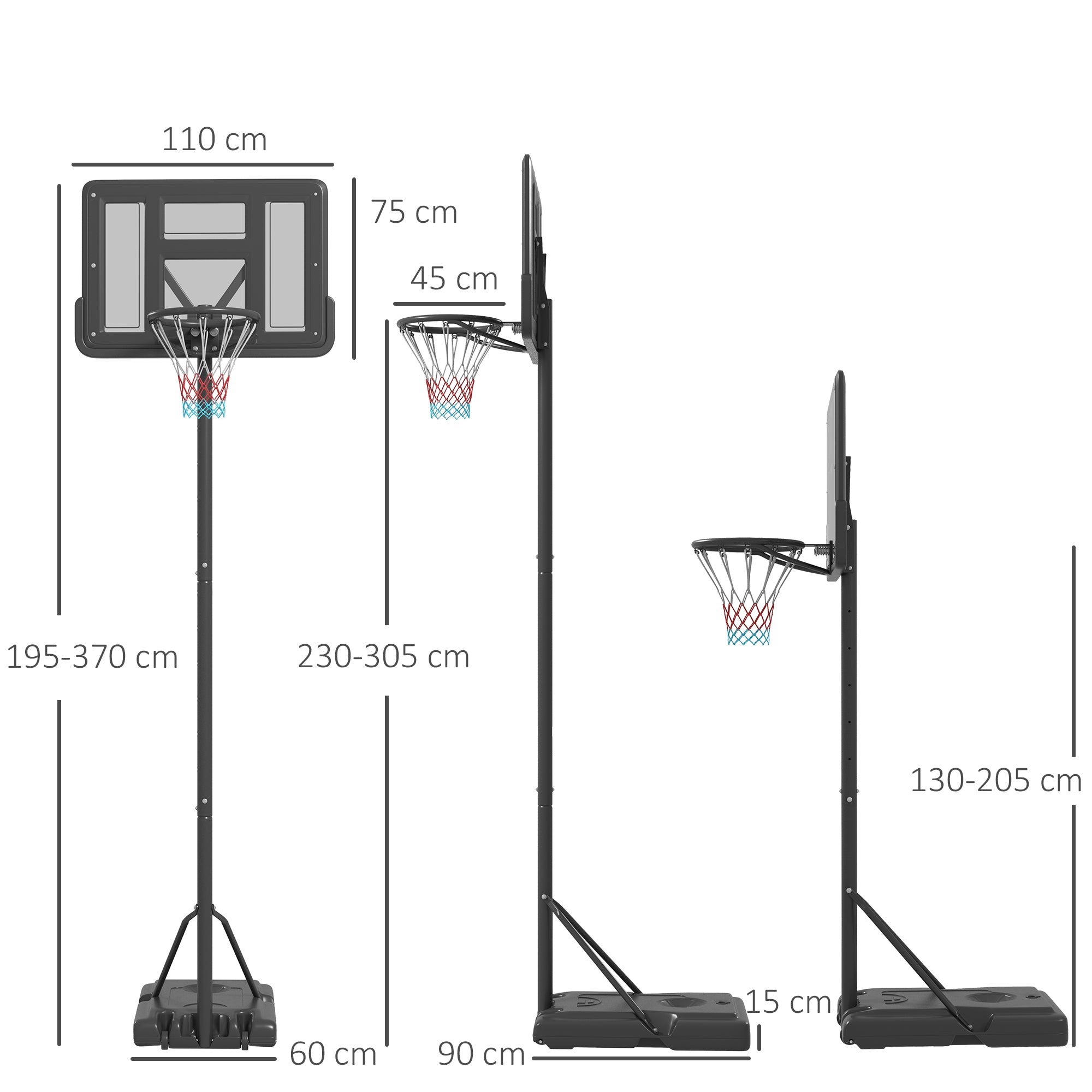 Tabela de Basquetebol de Exterior com Altura Ajustável 230-305 cm - Preto