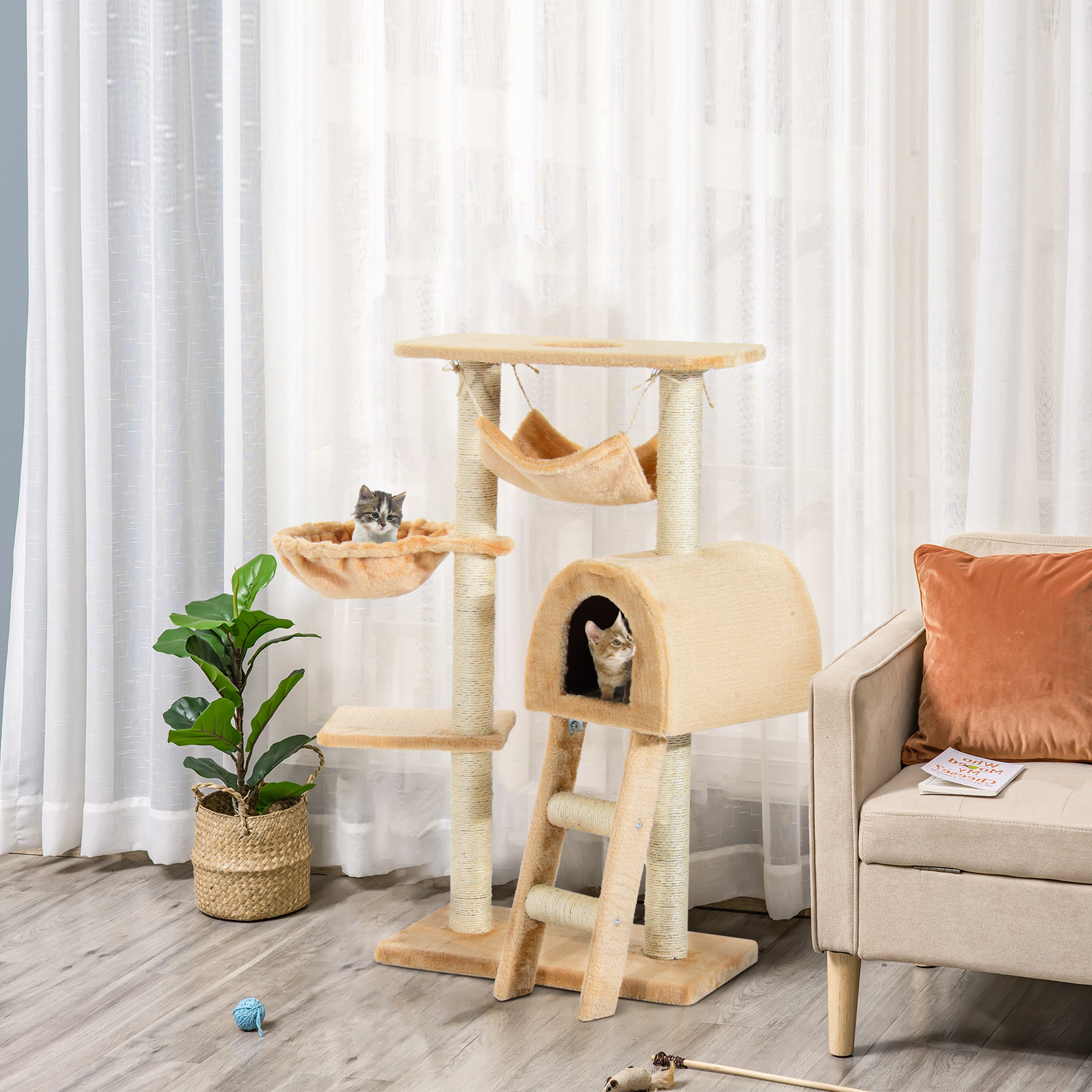 Arranhador para Gatos com Plataforma e Escada - 55x30x100cm (Bege)