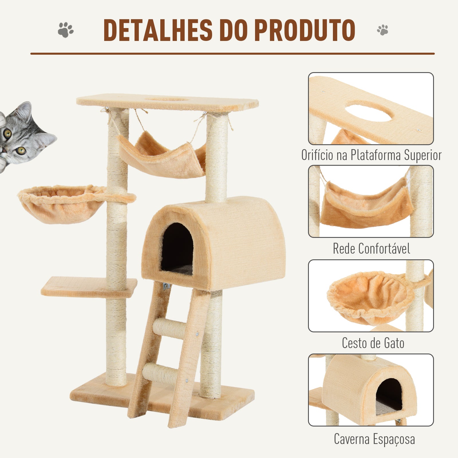 Arranhador para Gatos com Plataforma e Escada - 55x30x100cm (Bege)