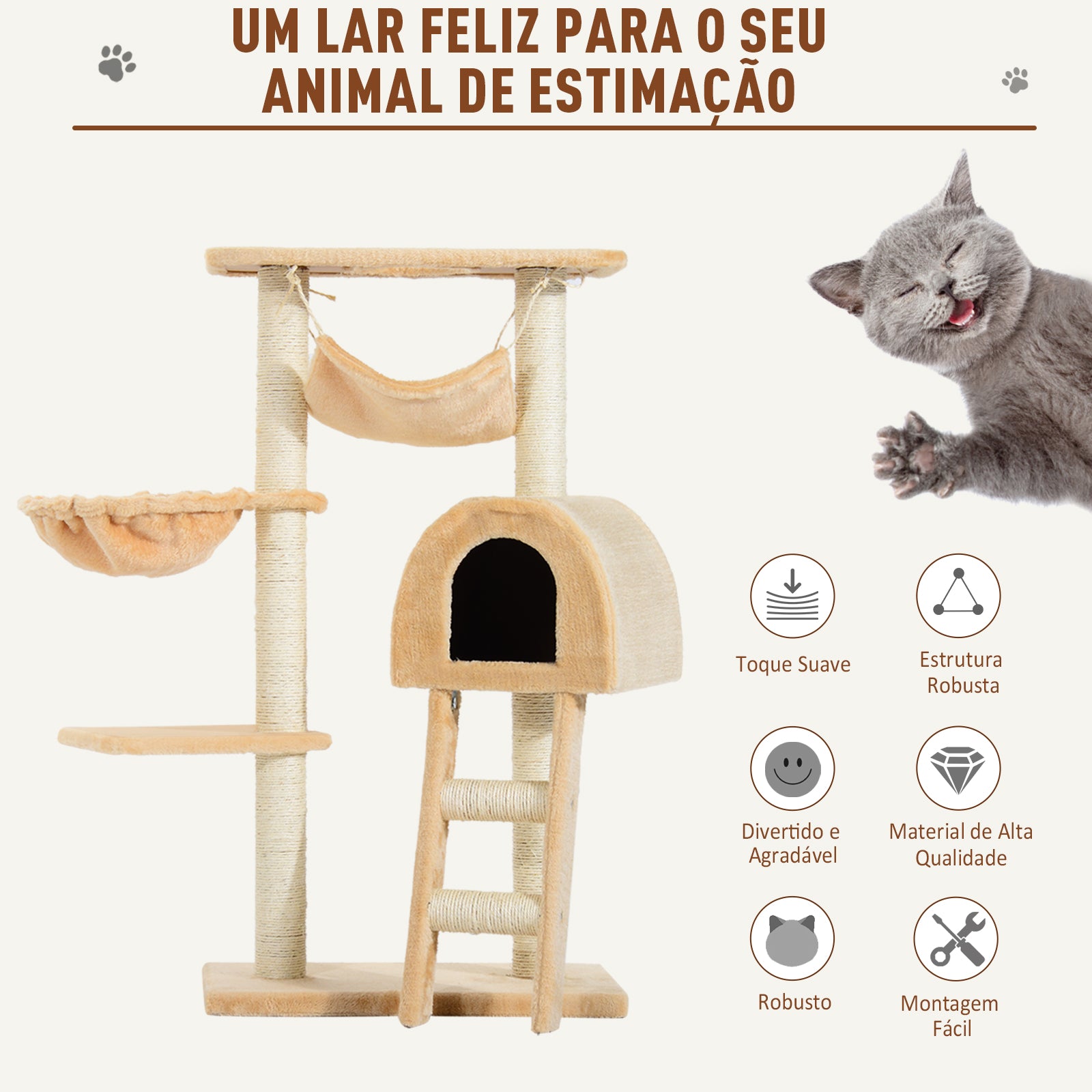Arranhador para Gatos com Plataforma e Escada - 55x30x100cm (Bege)