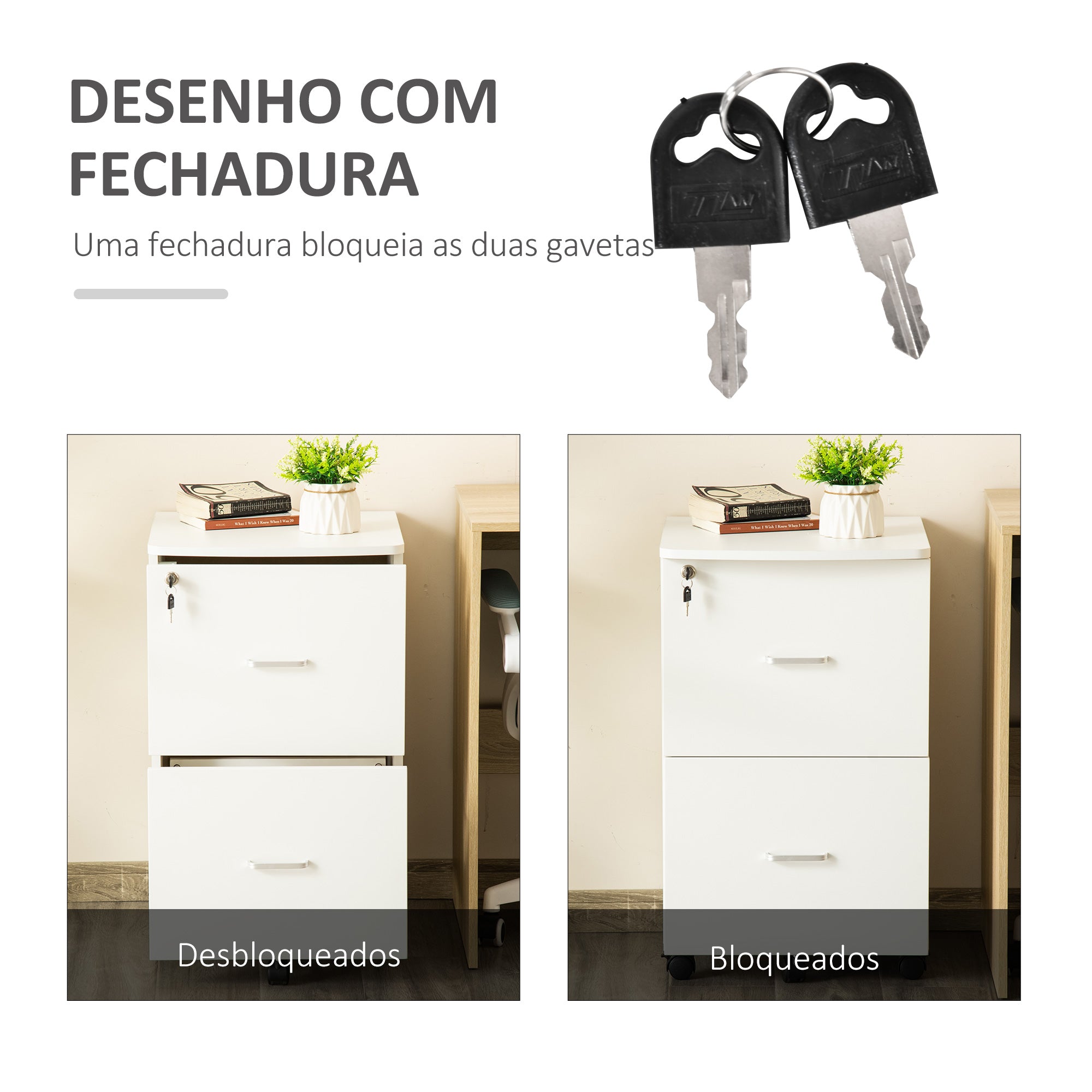 Bloco de Gavetas de Escritório Móvel Auxiliar Branco 43x45x72cm