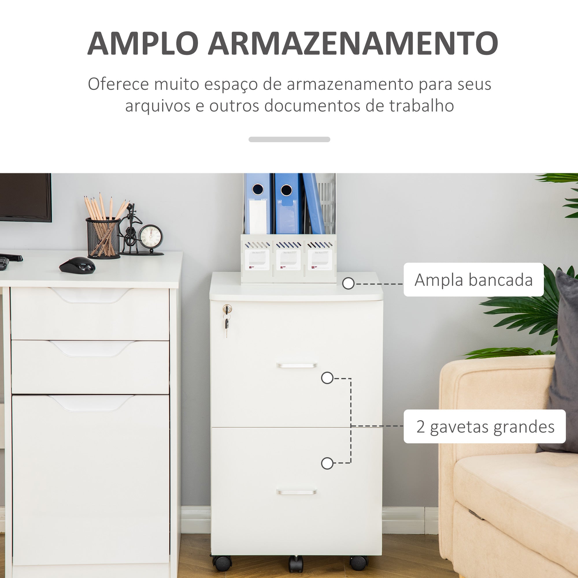 Bloco de Gavetas de Escritório Móvel Auxiliar Branco 43x45x72cm