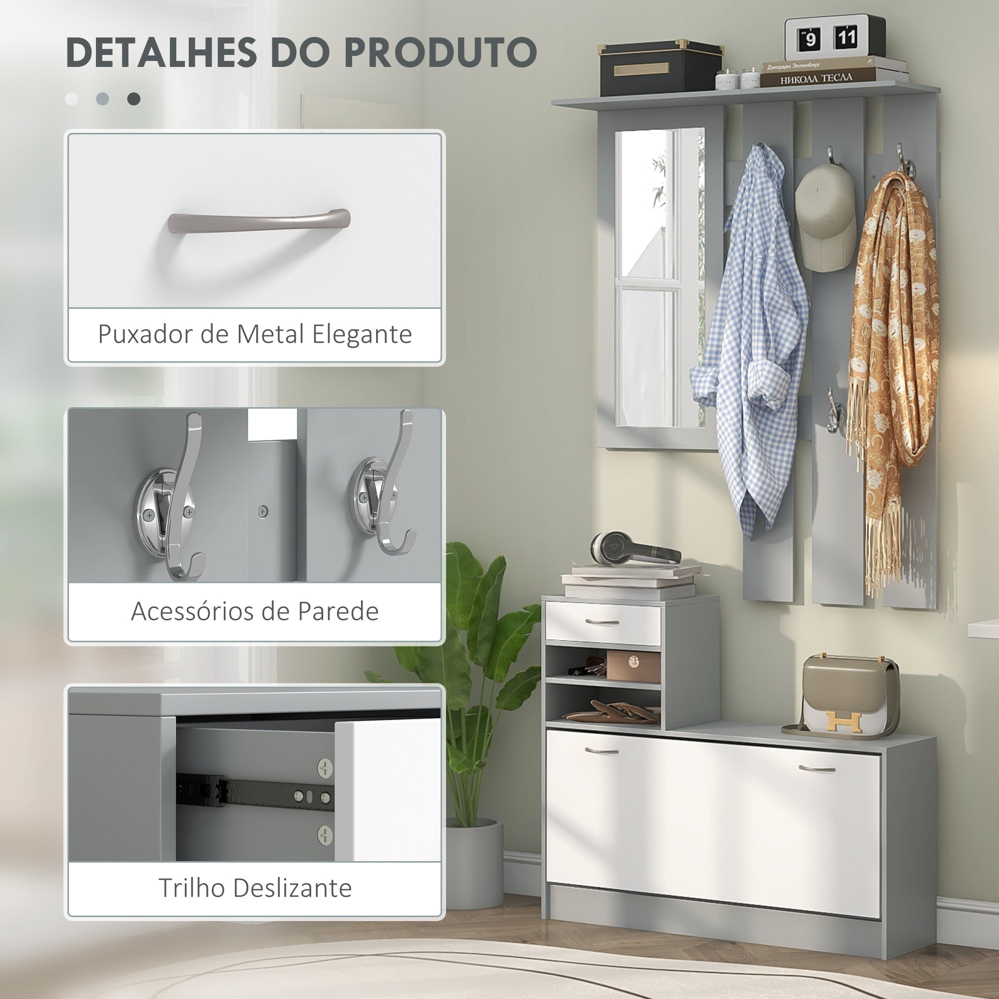 Móvel Cabide de Entrada 3 em 1 Branco e Cinza 90x10x102 cm