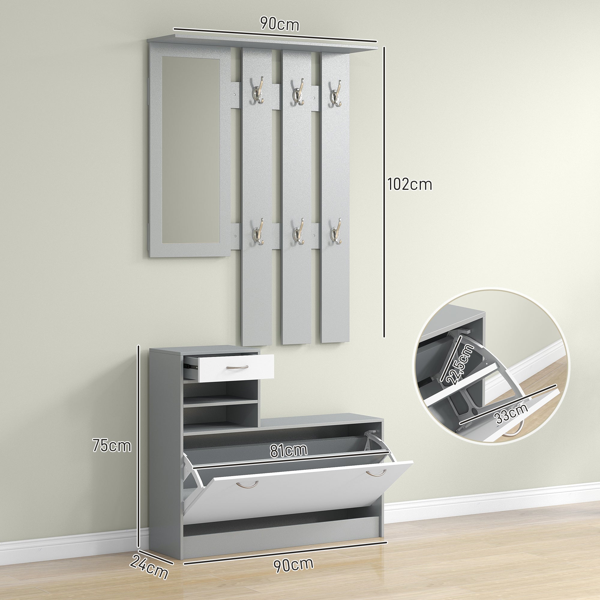 Móvel Cabide de Entrada 3 em 1 Branco e Cinza 90x10x102 cm