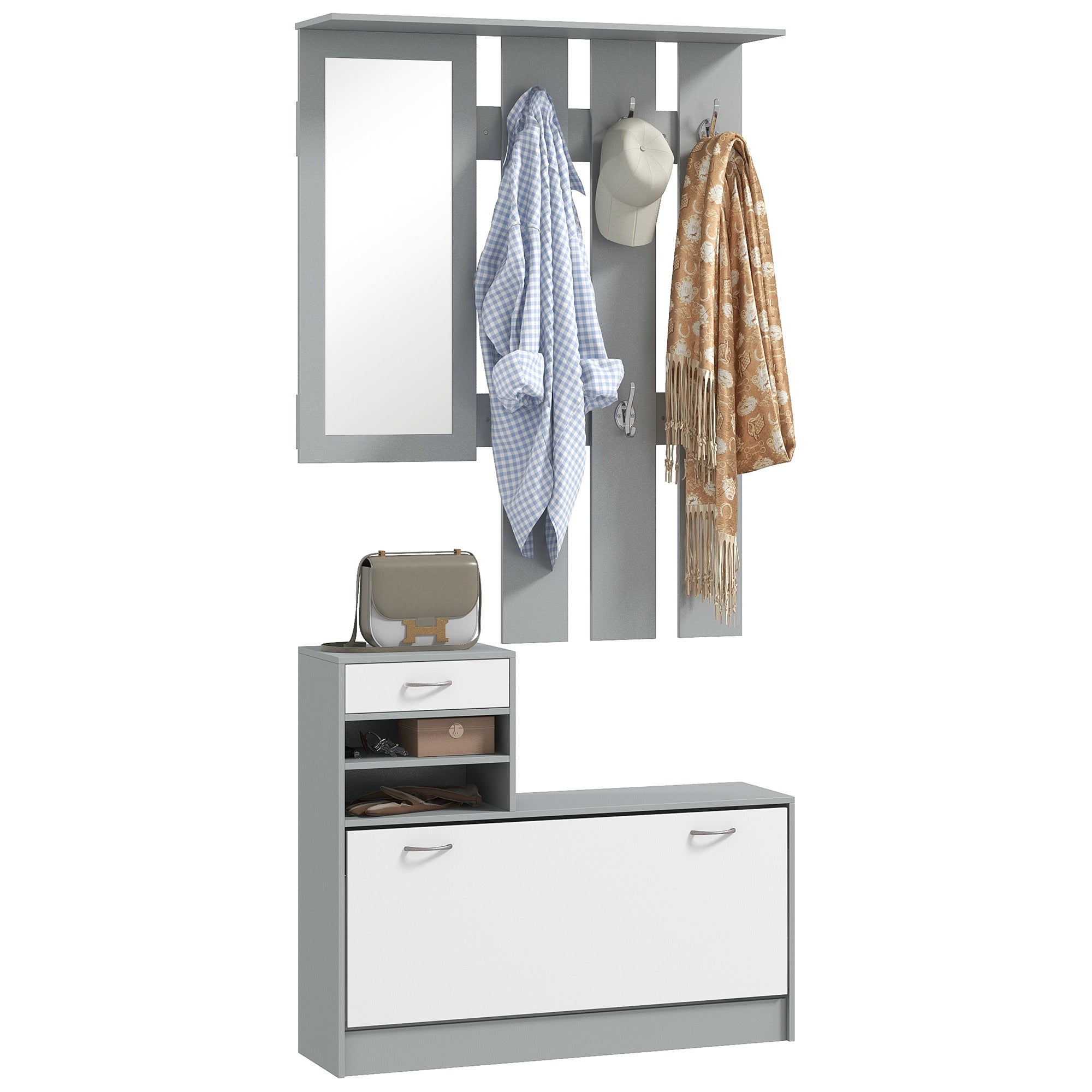 Móvel Cabide de Entrada 3 em 1 Branco e Cinza 90x10x102 cm