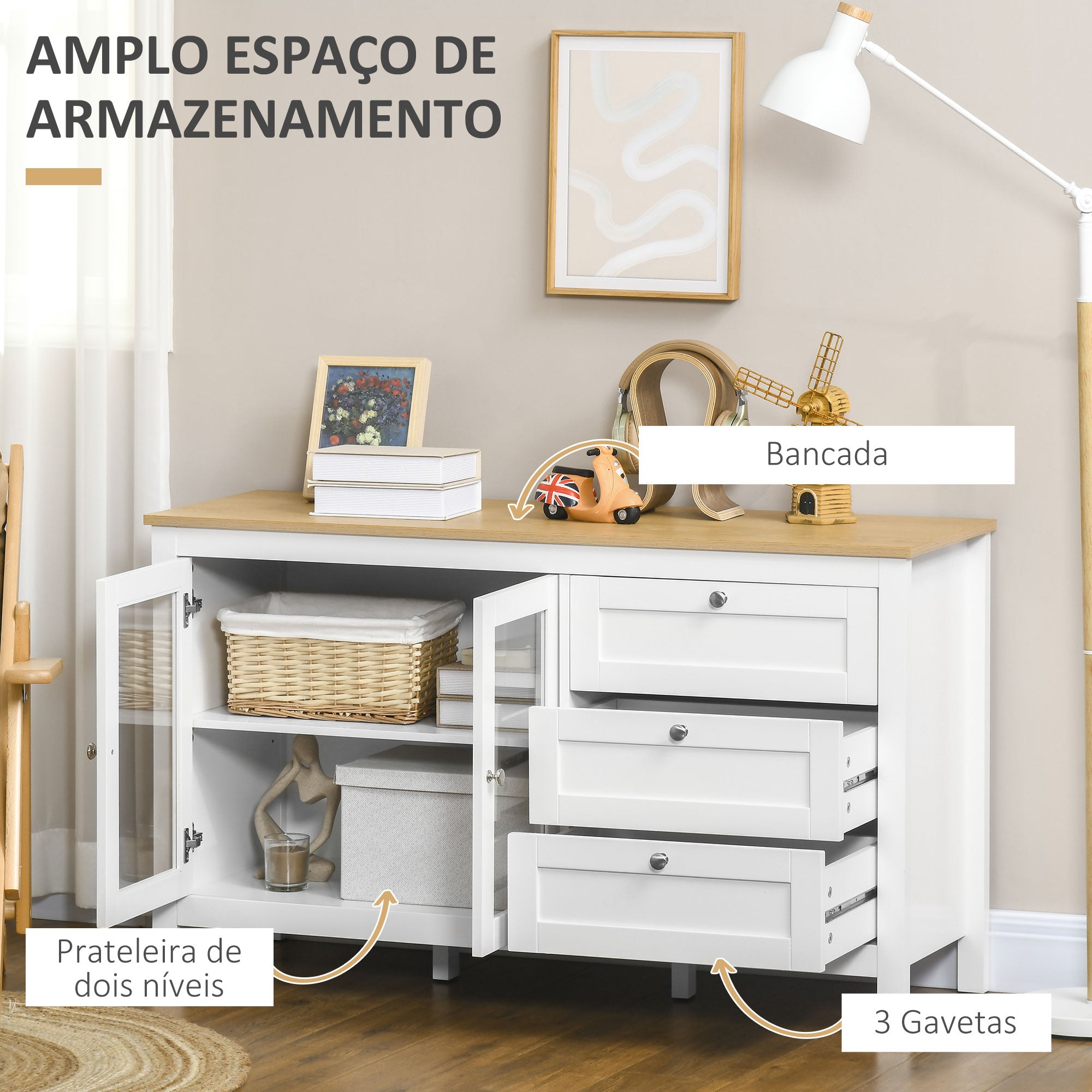 Aparador Moderno com Portas de Vidro e 3 Gavetas 120x40x70 cm Branco e Madeira
