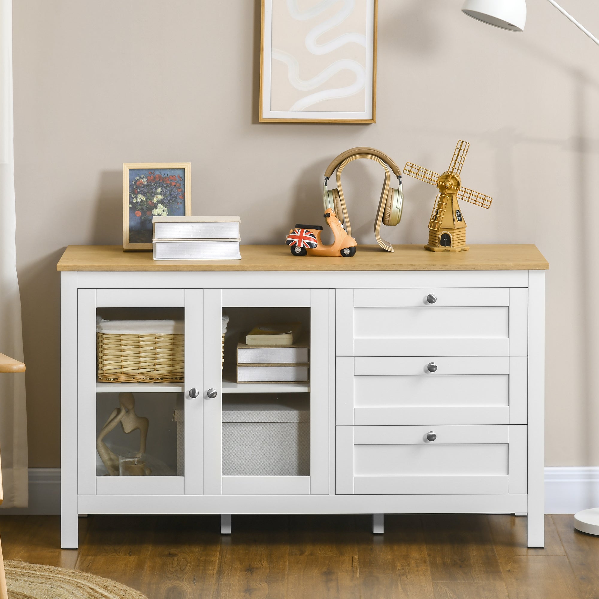 Aparador Moderno com Portas de Vidro e 3 Gavetas 120x40x70 cm Branco e Madeira