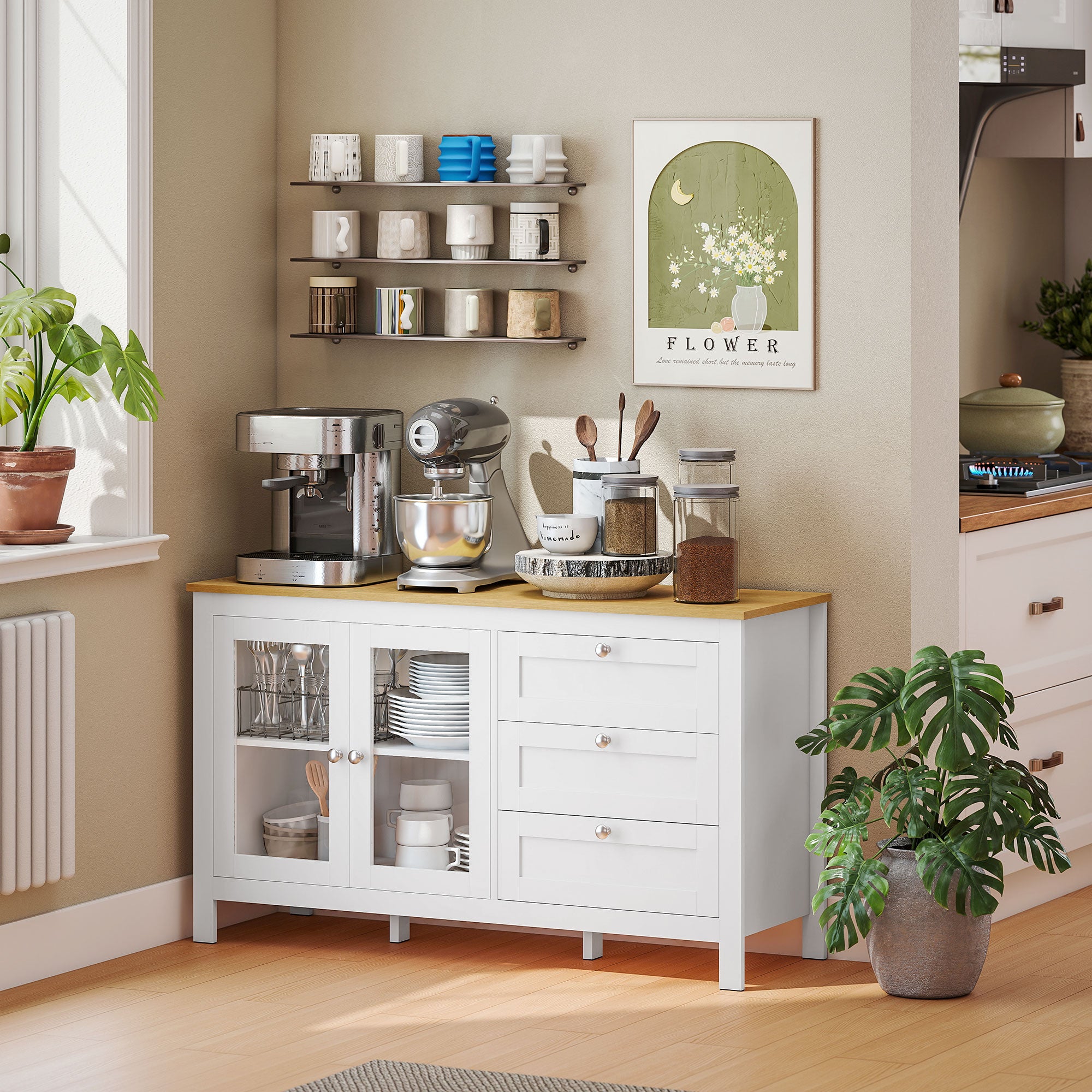 Aparador Moderno com Portas de Vidro e 3 Gavetas 120x40x70 cm Branco e Madeira