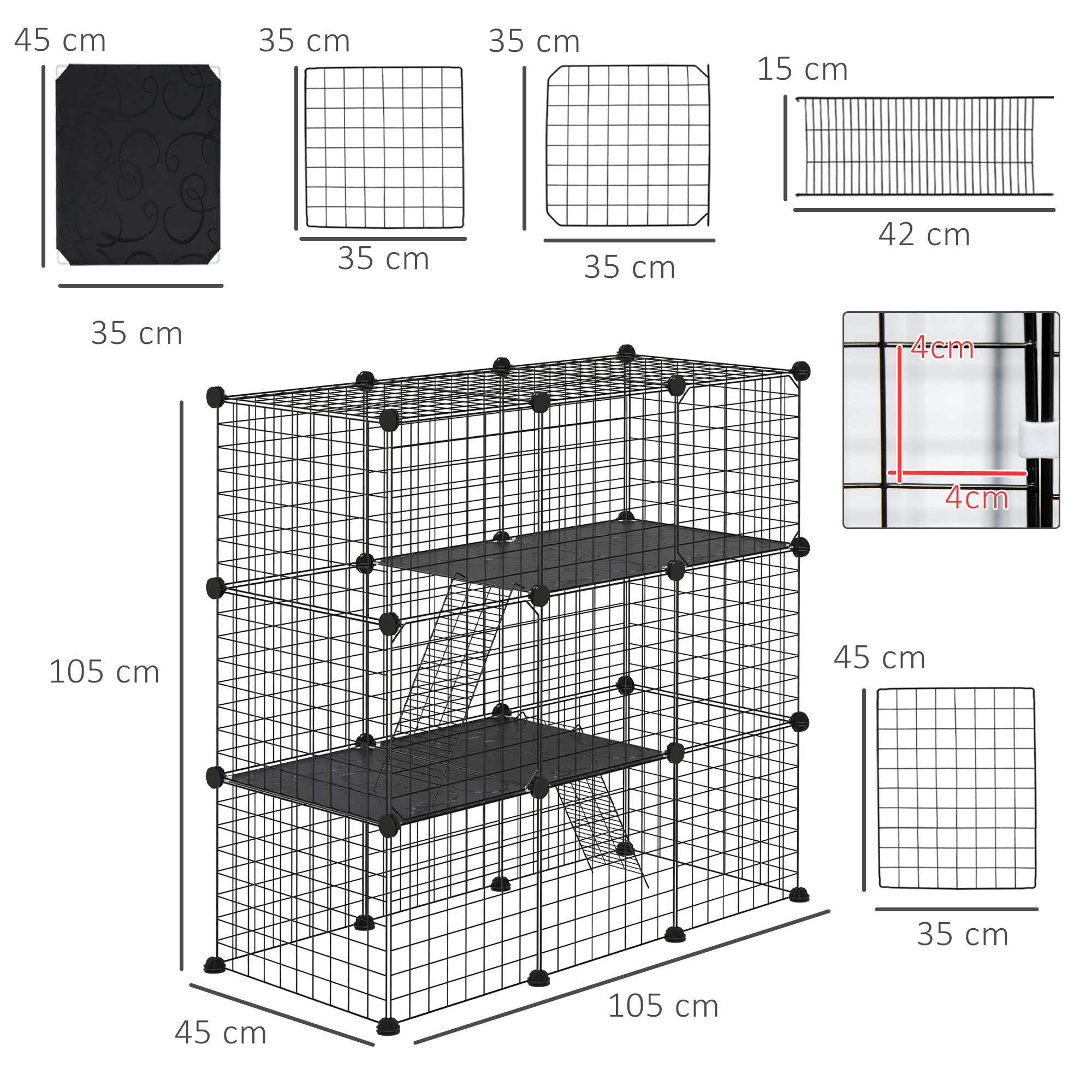 Recinto para Animais Pequenos 105x45x105 cm - Cor Preto