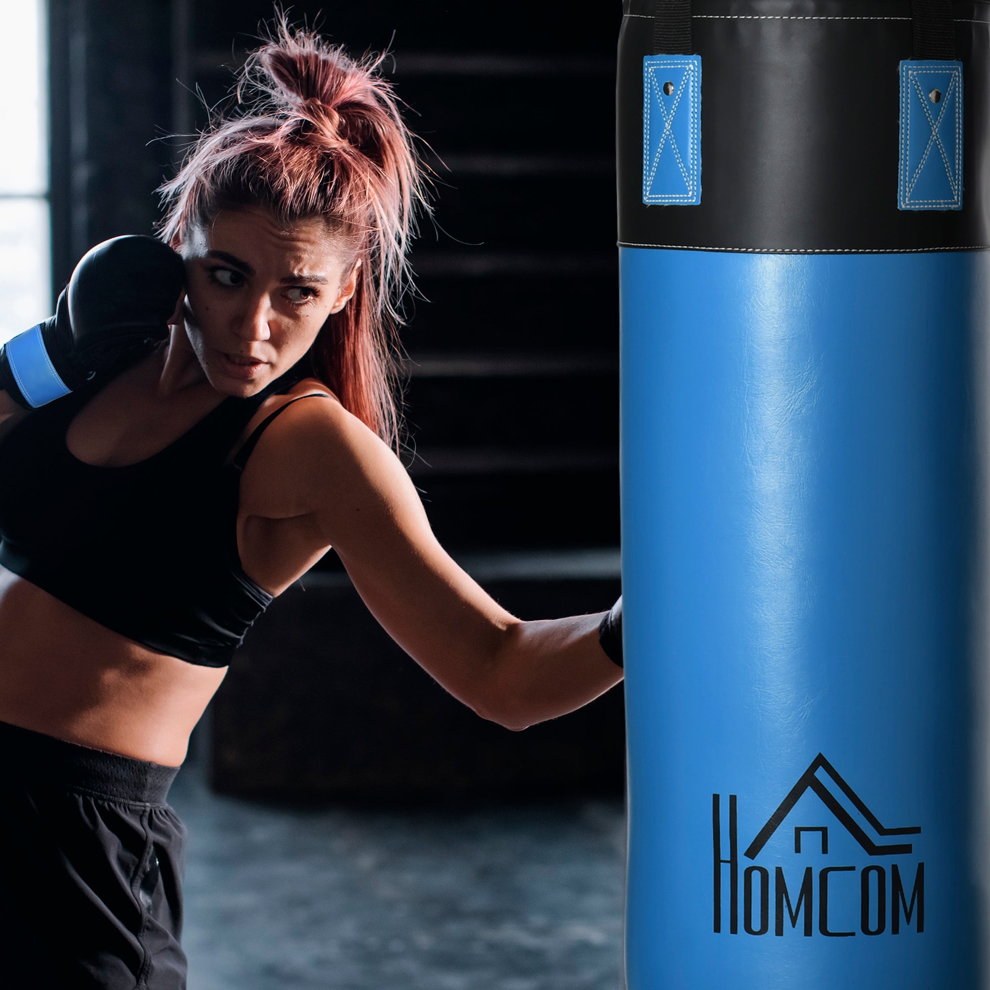 Saco de Boxe Profissional – Ø25 x 102 cm – Azul – Couro PU