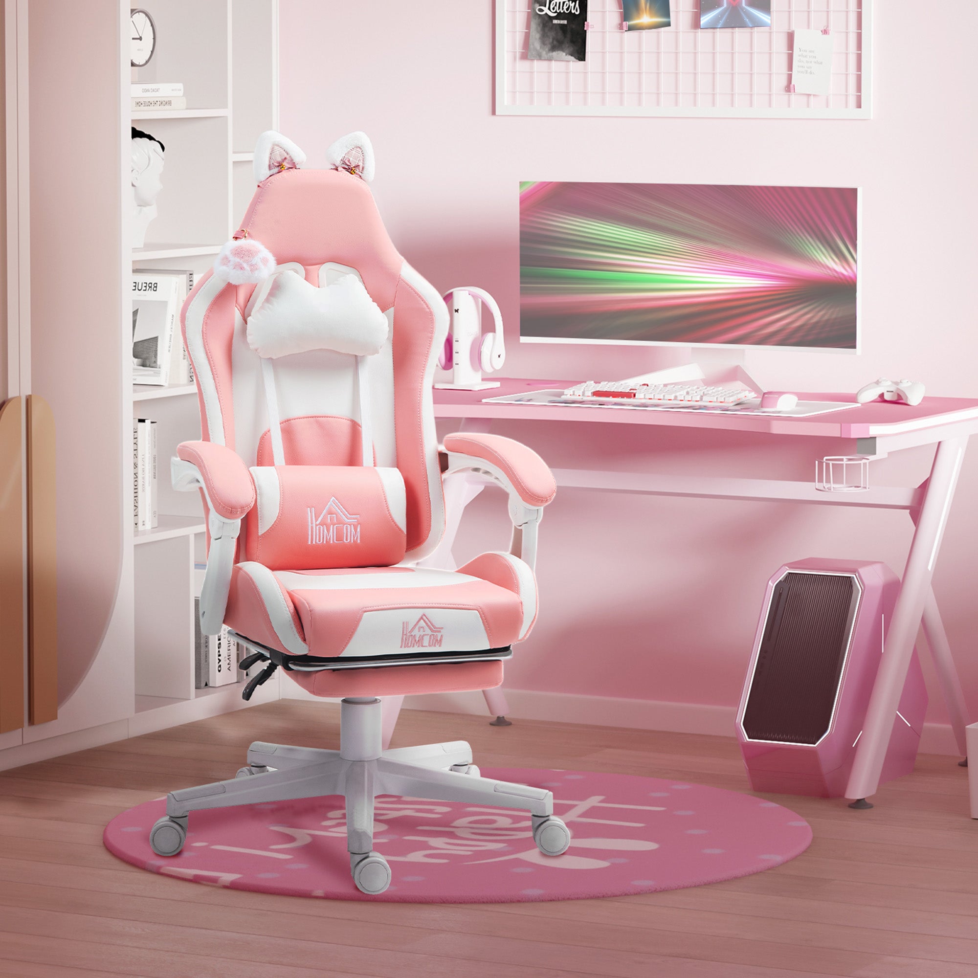 Cadeira Gamer Rosa Reclinável com Orelhas - 65x62x116-124 cm
