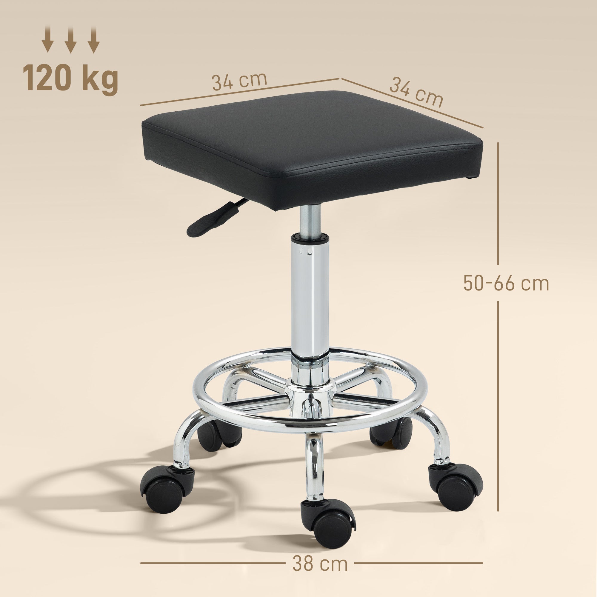 Banco Giratório com Rodas e Assento Acolchoado - 34x34x50-66 cm - Preto