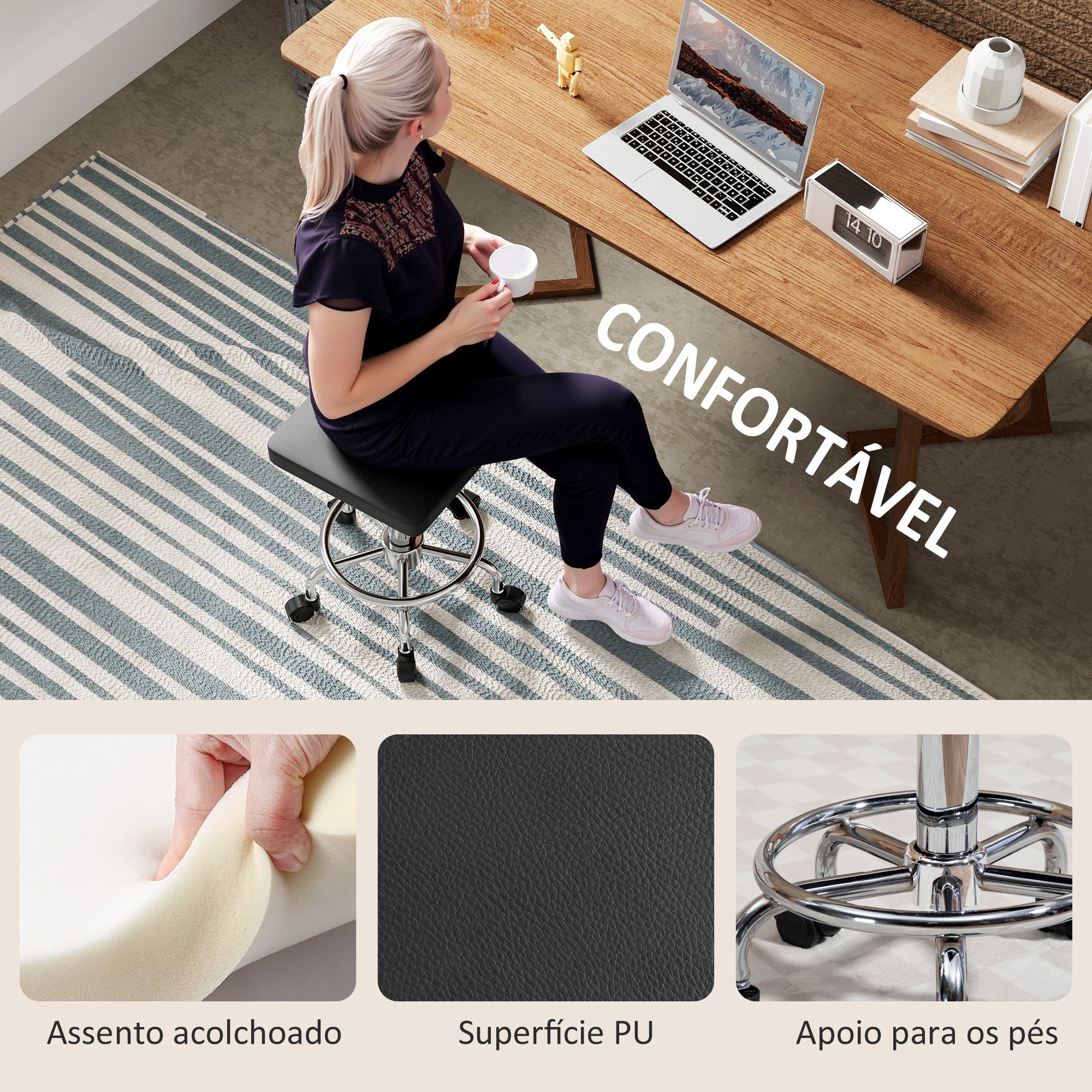 Banco Giratório com Rodas e Assento Acolchoado - 34x34x50-66 cm - Preto