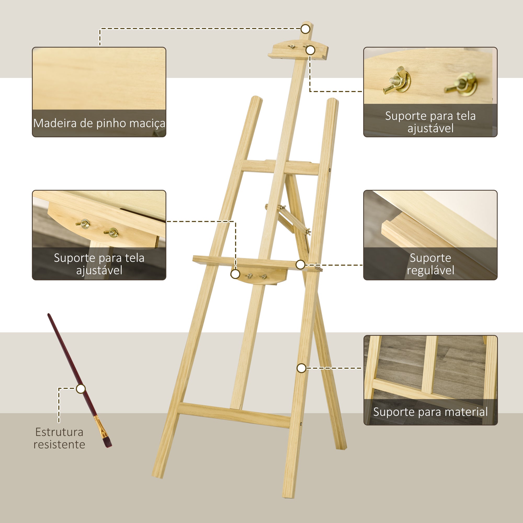 Cavalete de Pintura – 51.5x71.5x134.5 cm – Cor de Madeira Natural – Madeira