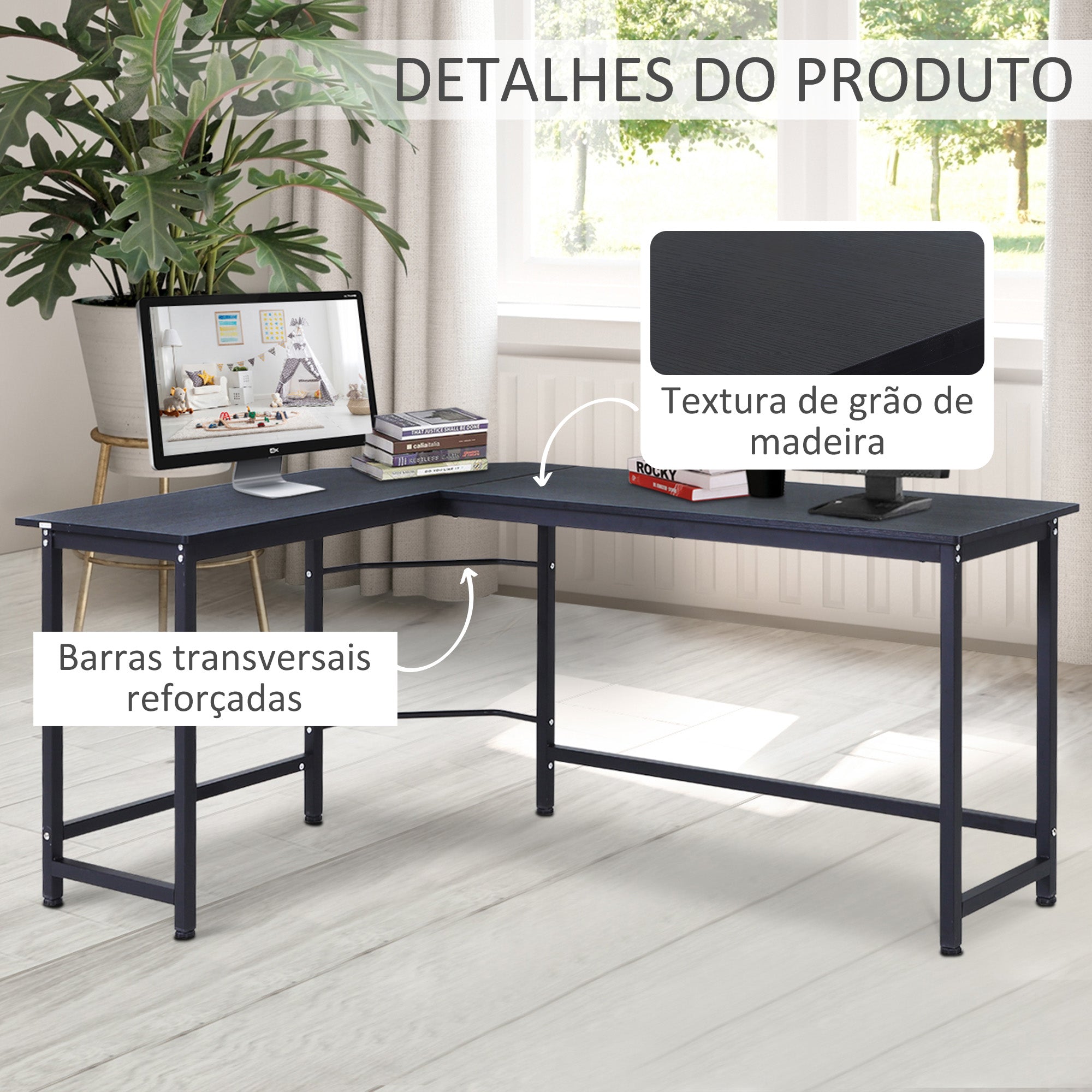 Secretária de Canto em Forma de L 168x120x75cm - Preto