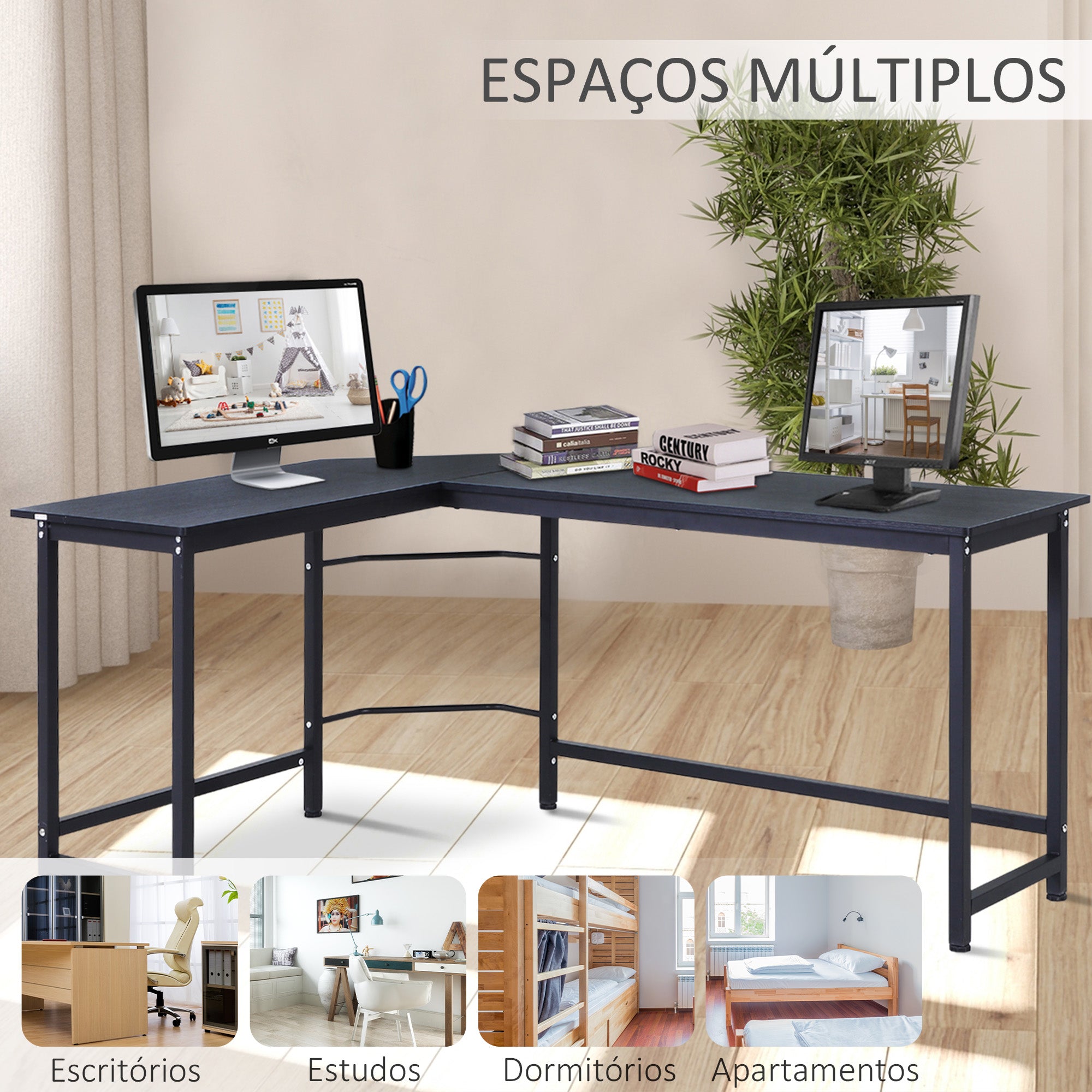 Secretária de Canto em Forma de L 168x120x75cm - Preto