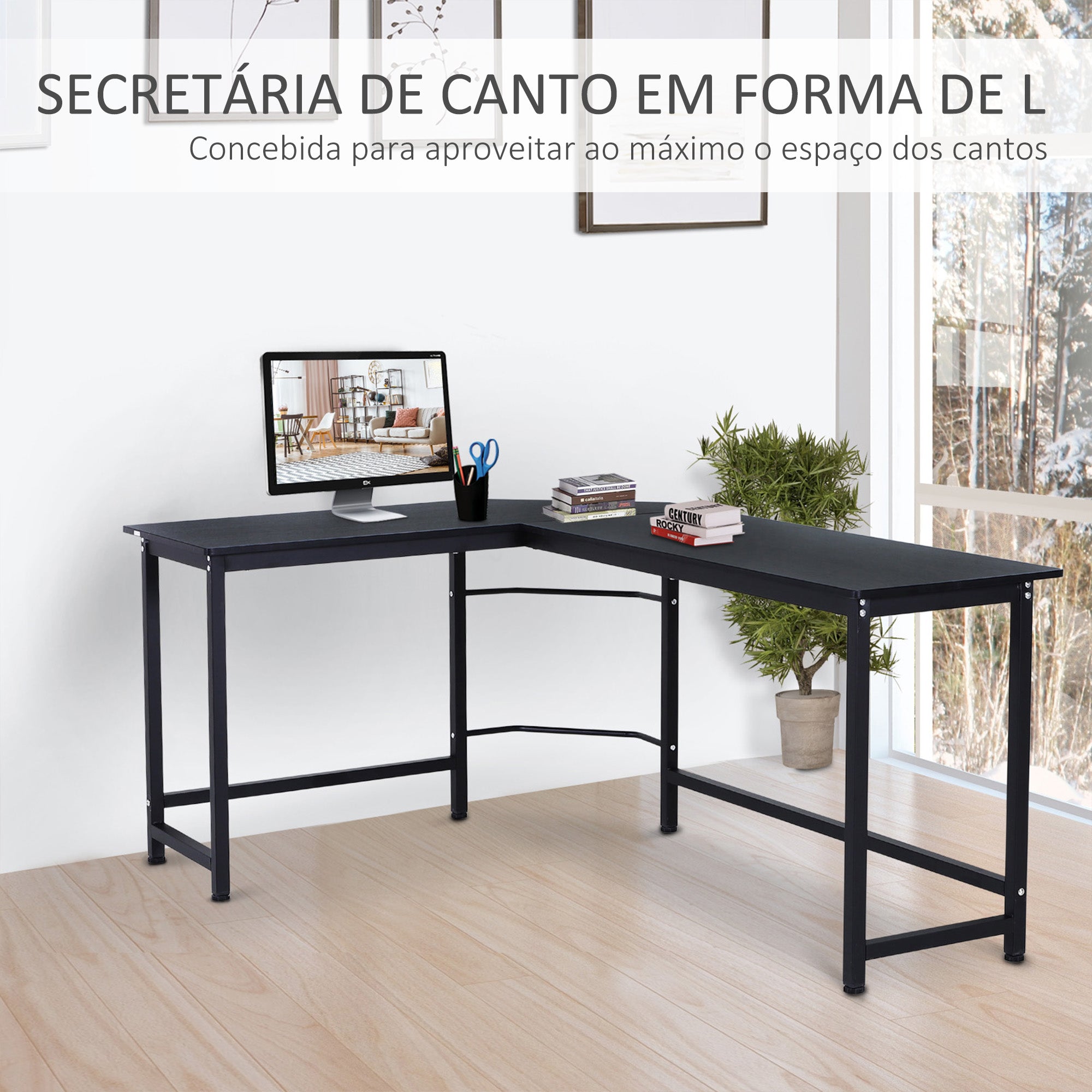 Secretária de Canto em Forma de L 168x120x75cm - Preto