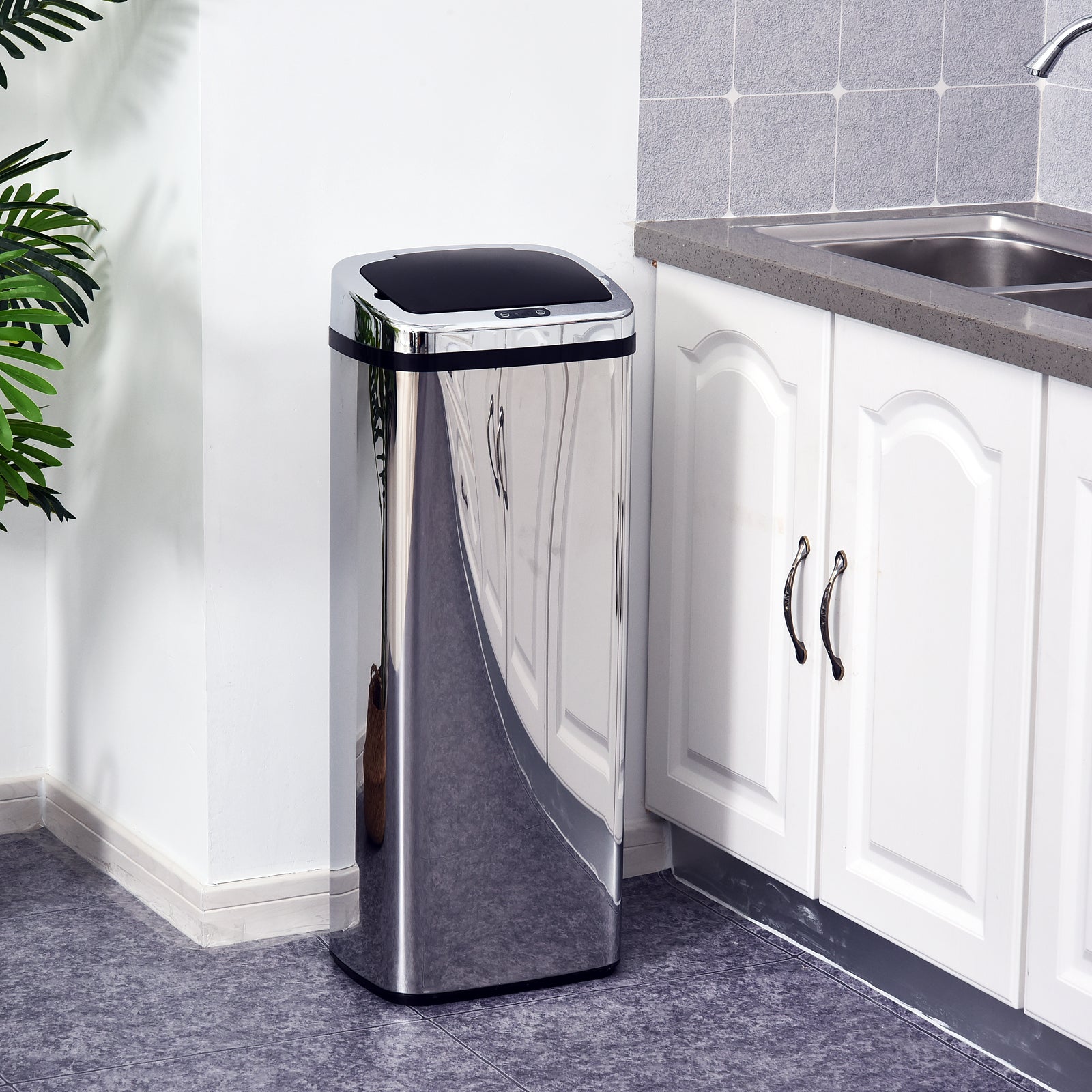 Balde de Lixo Automático de Aço Inoxidável 50L - 33x25x84 cm - Preto e Prata