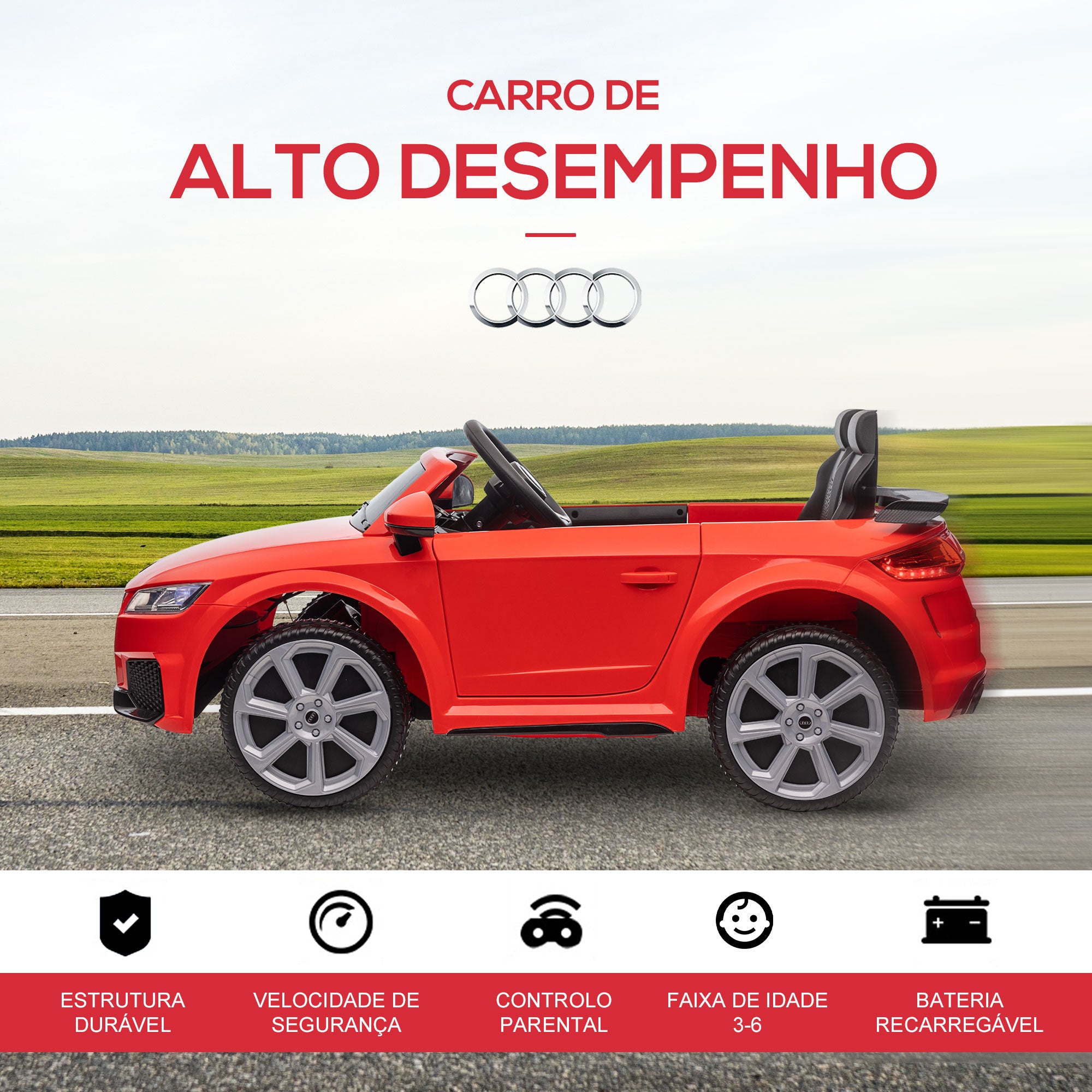 Carro Elétrico para Crianças – 102x60x44 cm – Vermelho – PP e metal