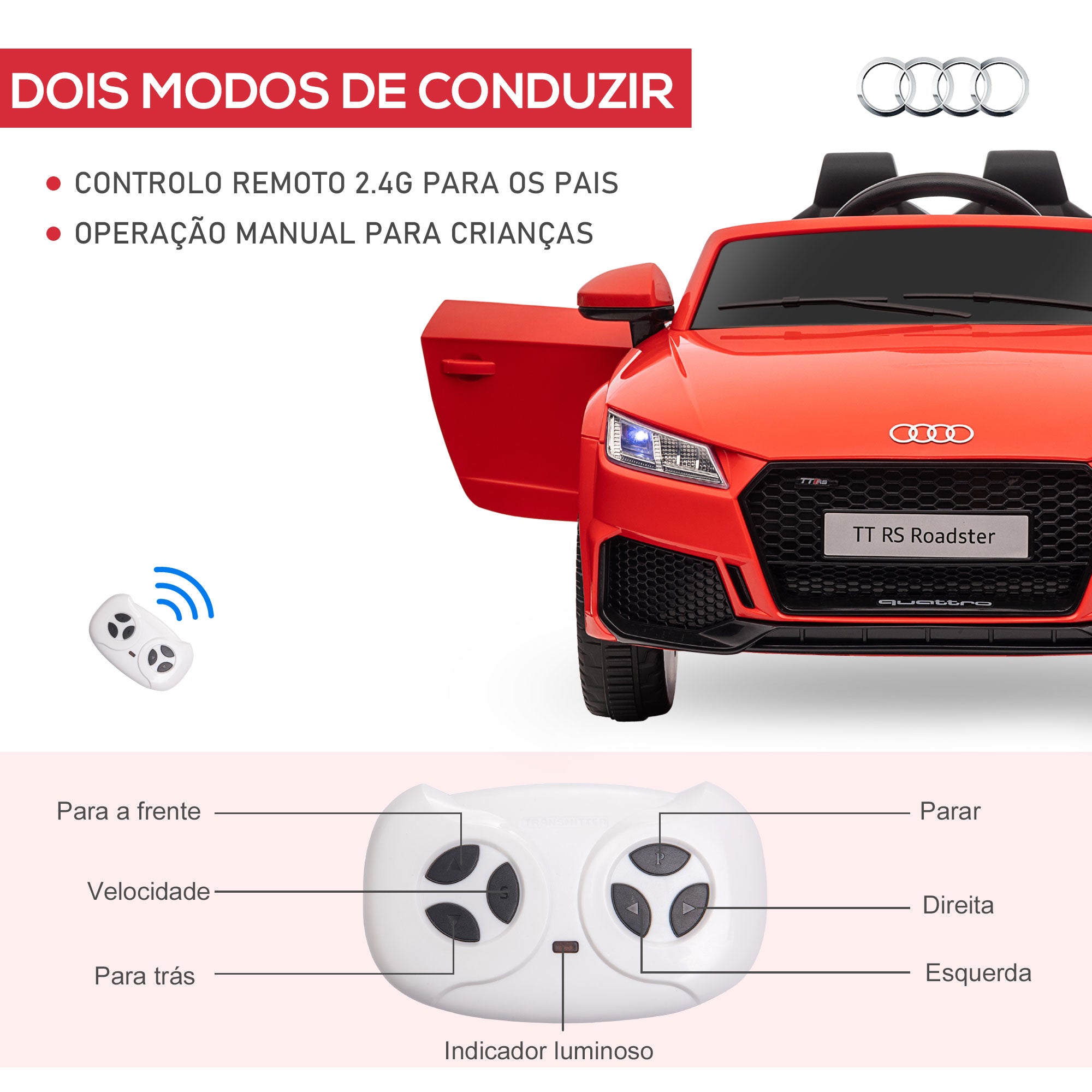 Carro Elétrico para Crianças – 102x60x44 cm – Vermelho – PP e metal