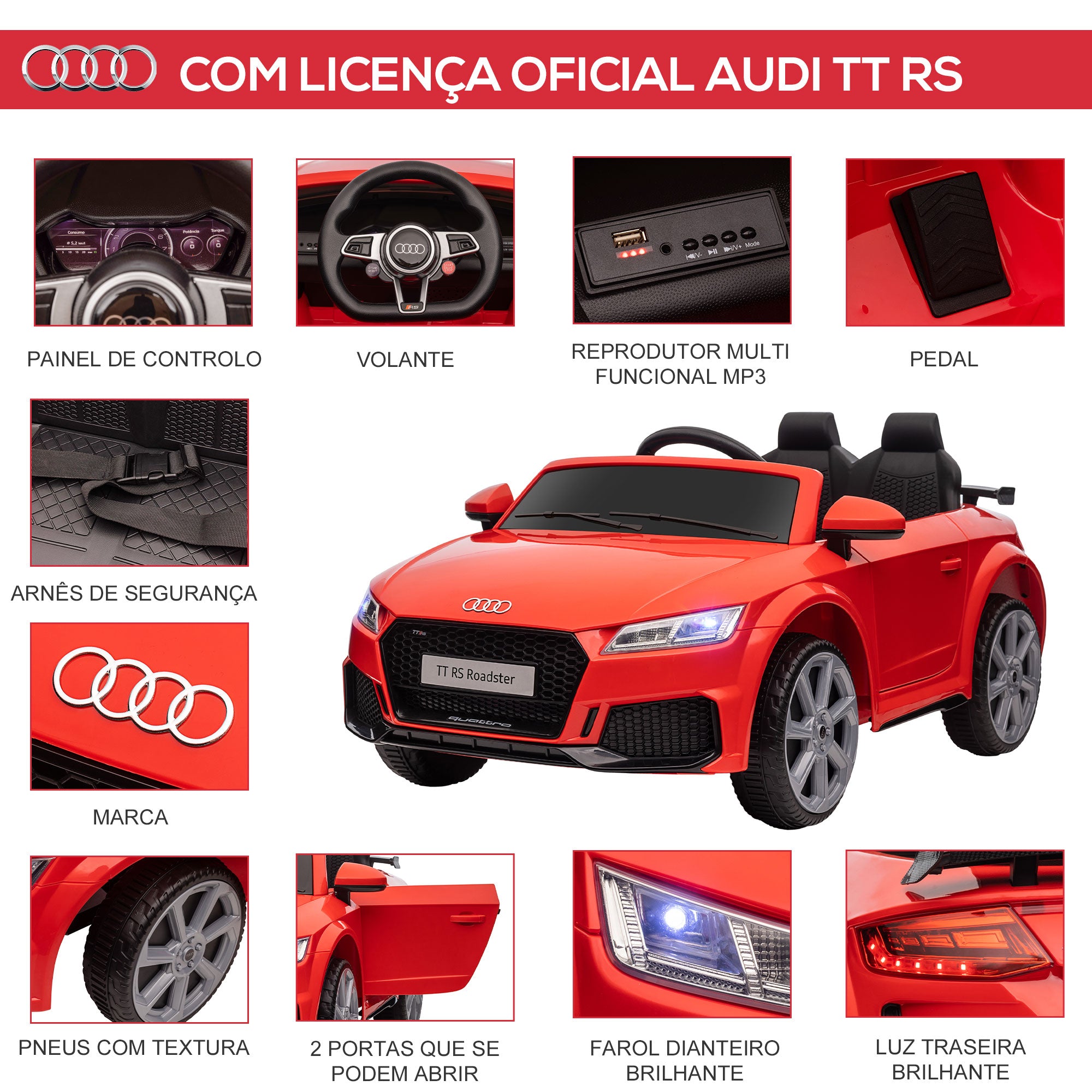 Carro Elétrico para Crianças – 102x60x44 cm – Vermelho – PP e metal