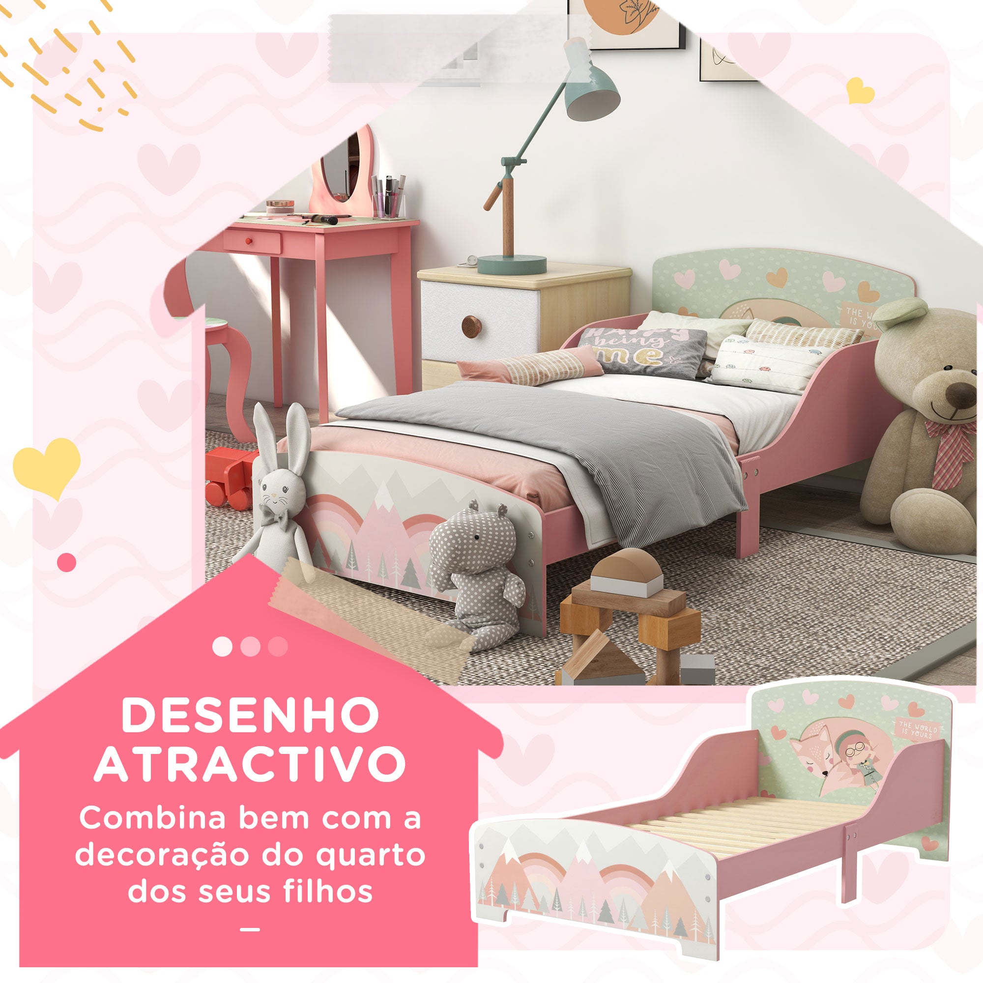 Cama para Crianças de Madeira 143x77x60 cm - Cor Rosa